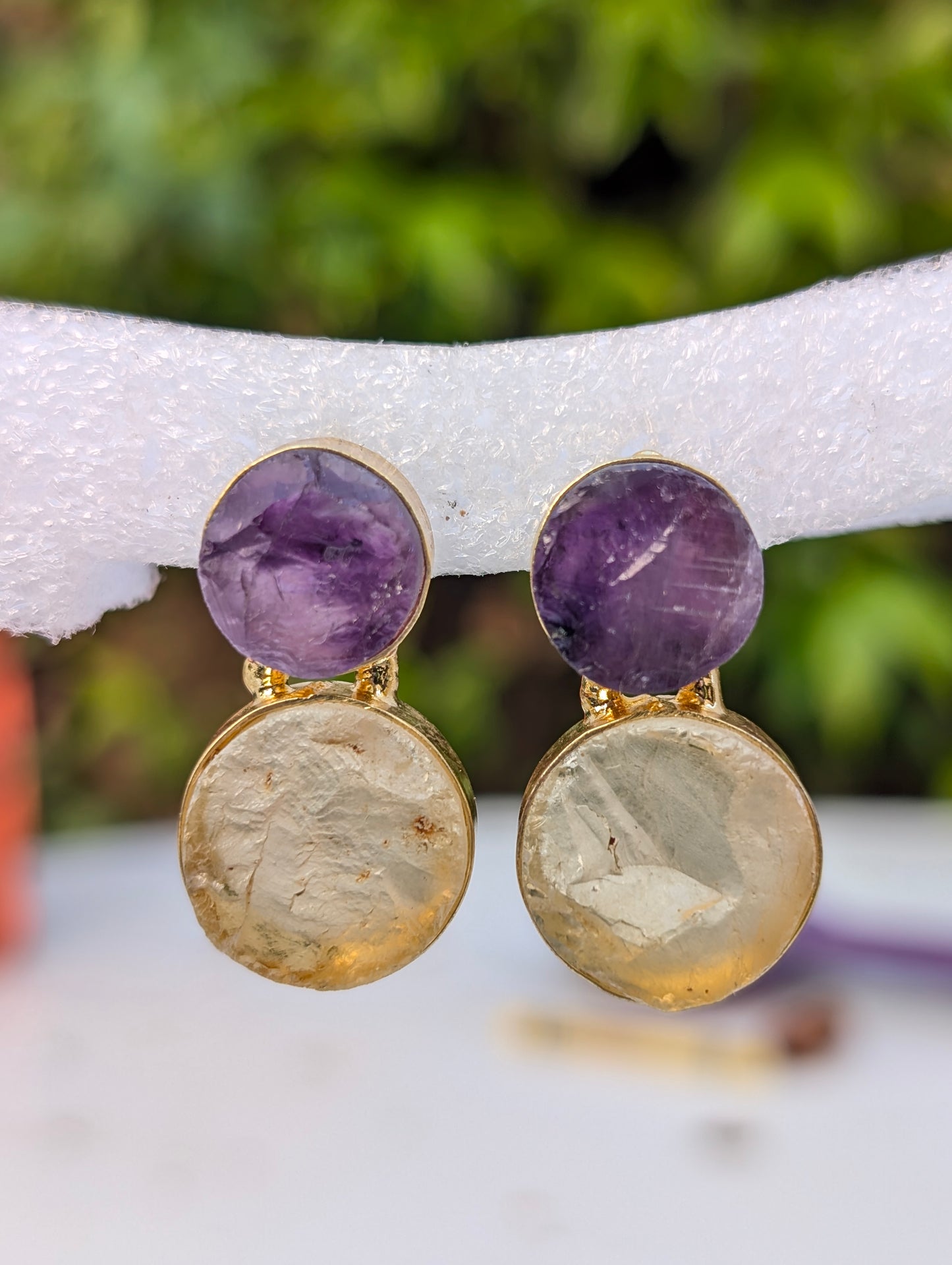 Rough Amethyst and Rough Crystal Quartz Handmade Gold Earrings