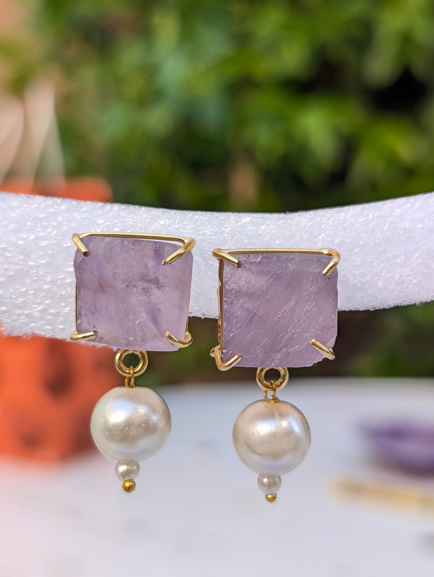 Rough Amethyst and Pearl Handmade Gold Earrings