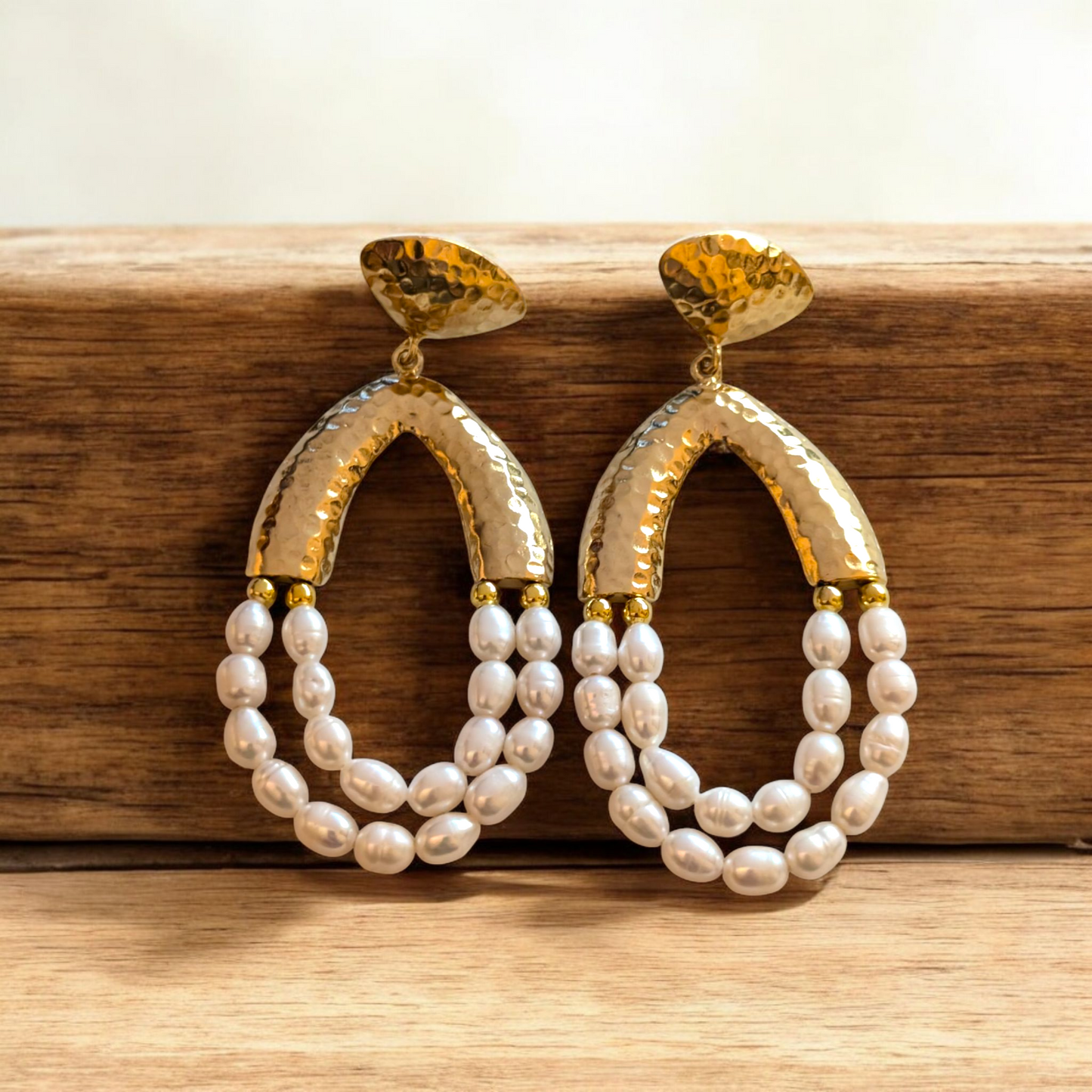 pearl chandelier earrings 18K gold-plated hammered teardrop earing