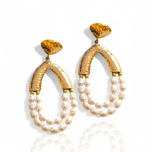 18K gold-plated hammered teardrop pearl chandelier earrings