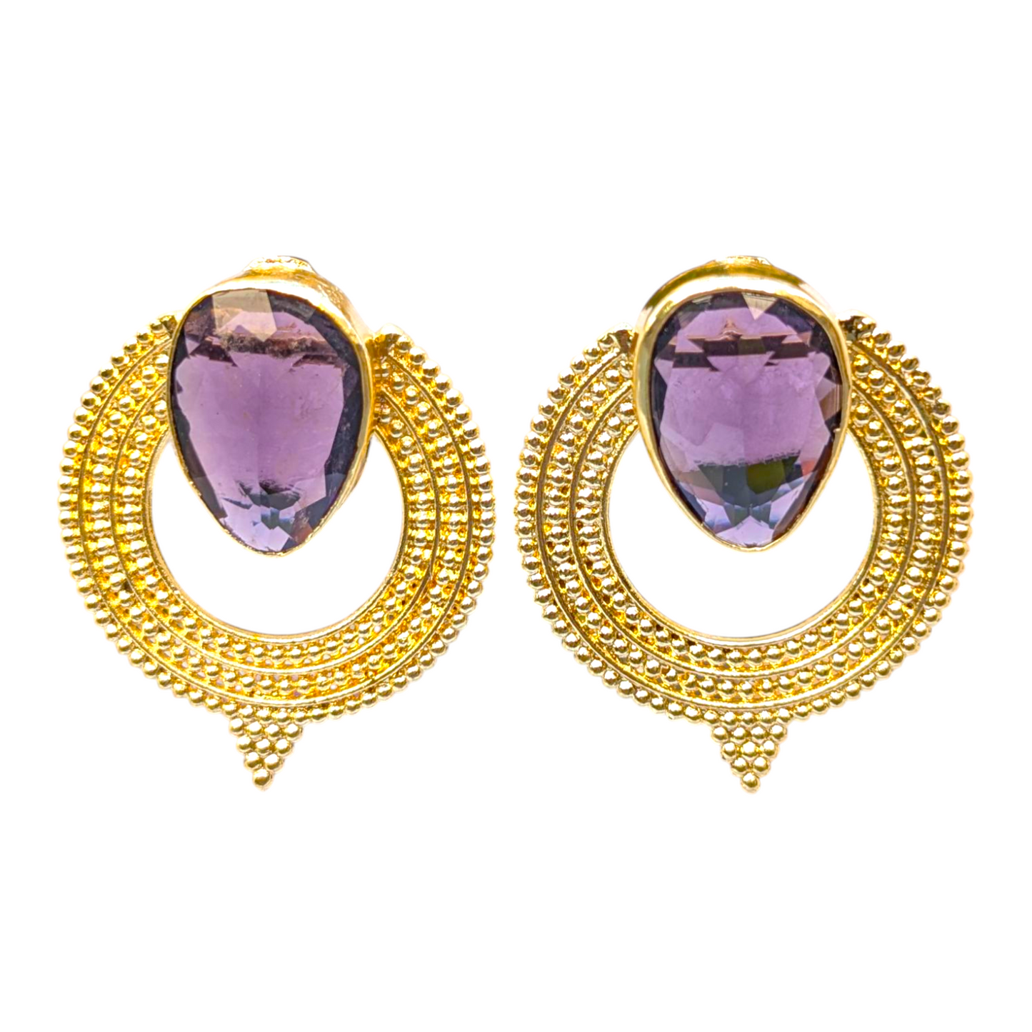 Purple CZ Handmade Gold Stud Earrings