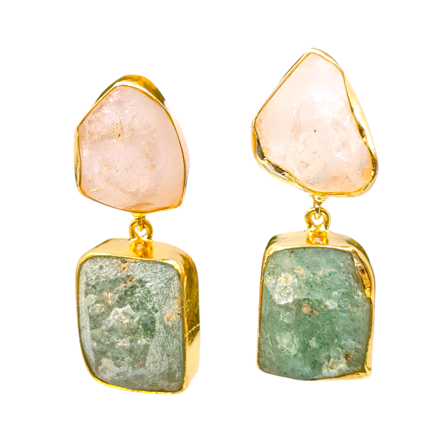Rough Rose Quartz and Rough Apatite Handmade Gold Earrings