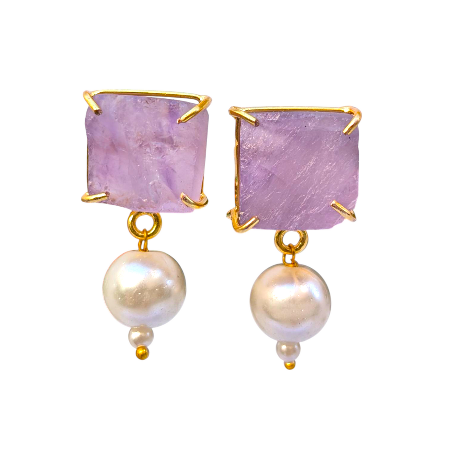 Rough Amethyst and Pearl Handmade Gold Earrings