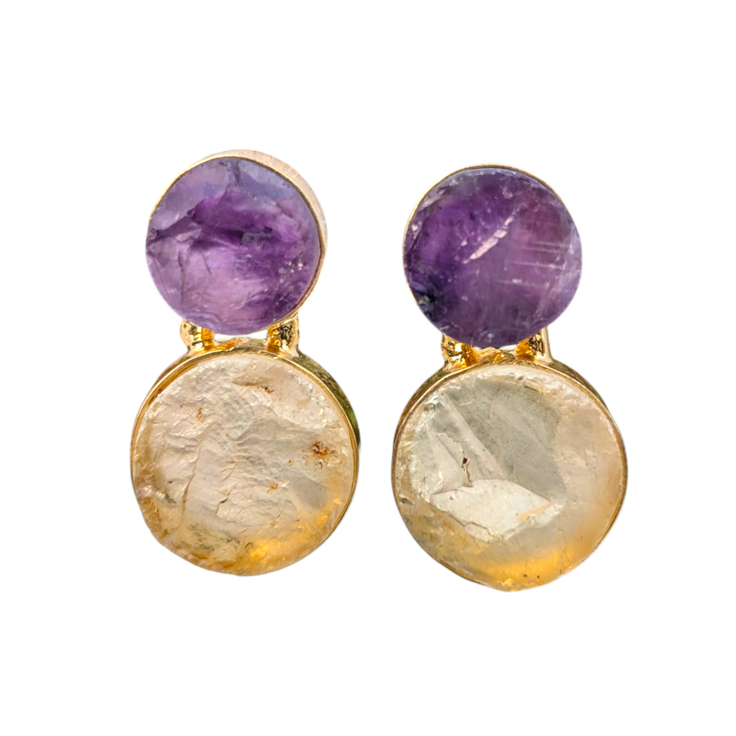 Rough Amethyst and Rough Crystal Quartz Handmade Gold Earrings