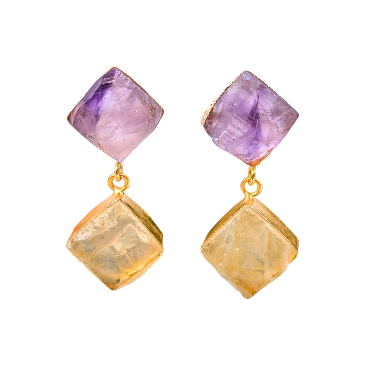 Rough Amethyst and Rough Citrine Handmade Gold Earrings
