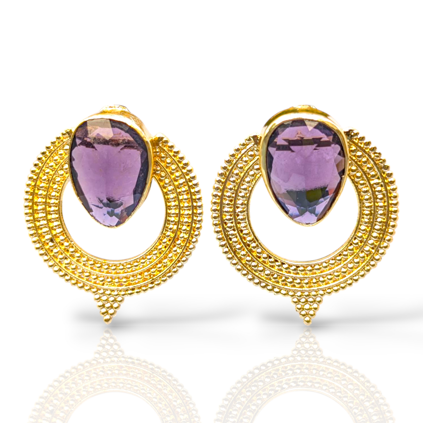 Purple CZ Handmade Gold Stud Earrings