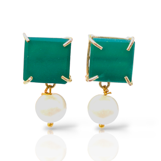 Green Chalcedony and Pearl Handmade Gold Earrings