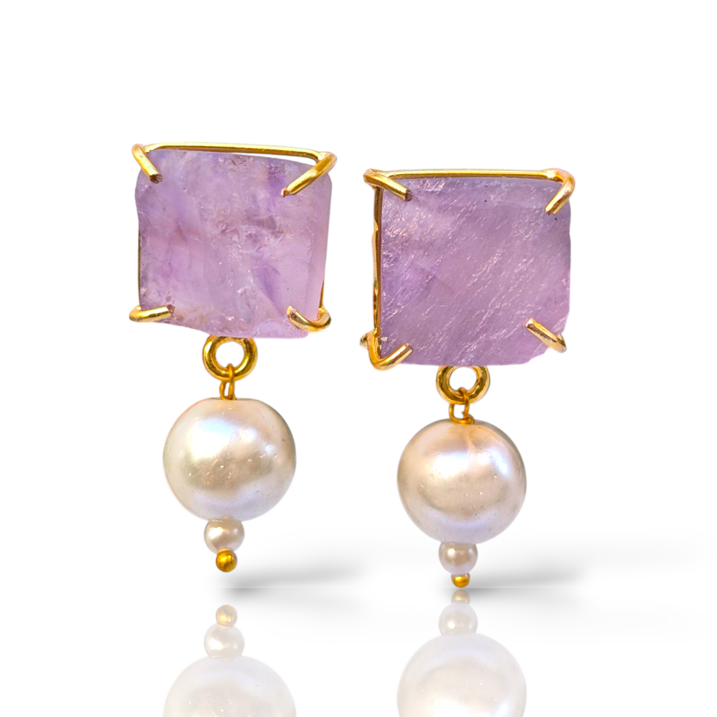 Rough Amethyst and Pearl Handmade Gold Earrings