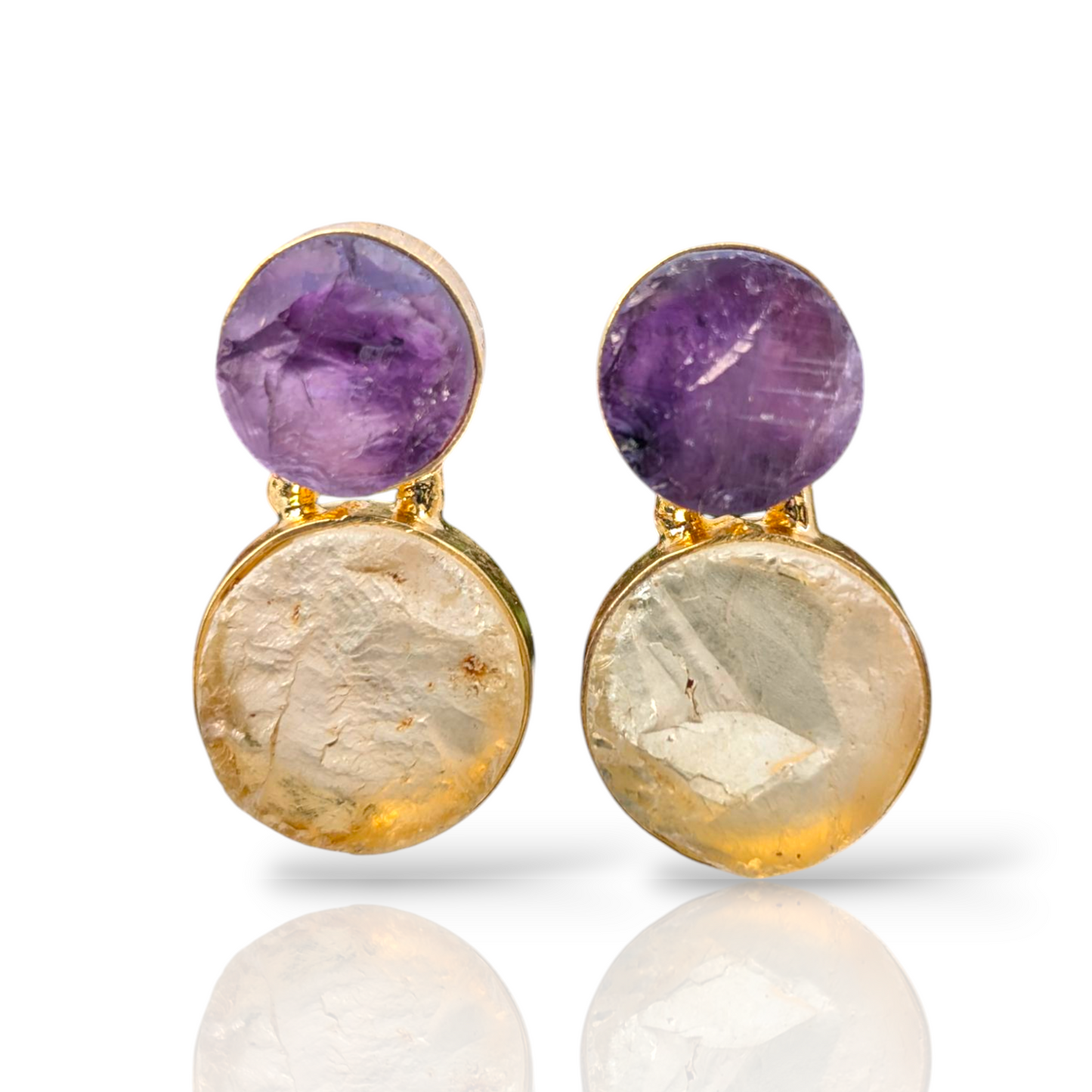 Rough Amethyst and Rough Crystal Quartz Handmade Gold Earrings
