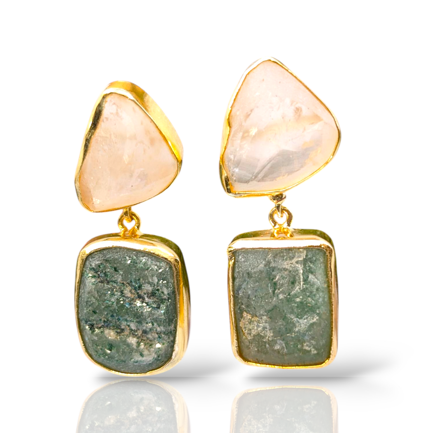 Rough Rose Quartz and Rough Apatite Handmade Gold Earrings