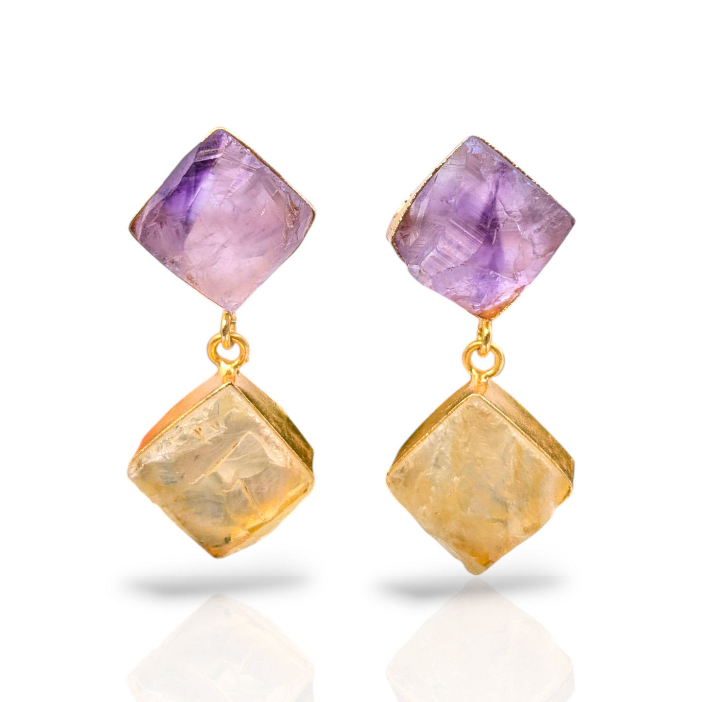 Rough Amethyst and Rough Citrine Handmade Gold Earrings