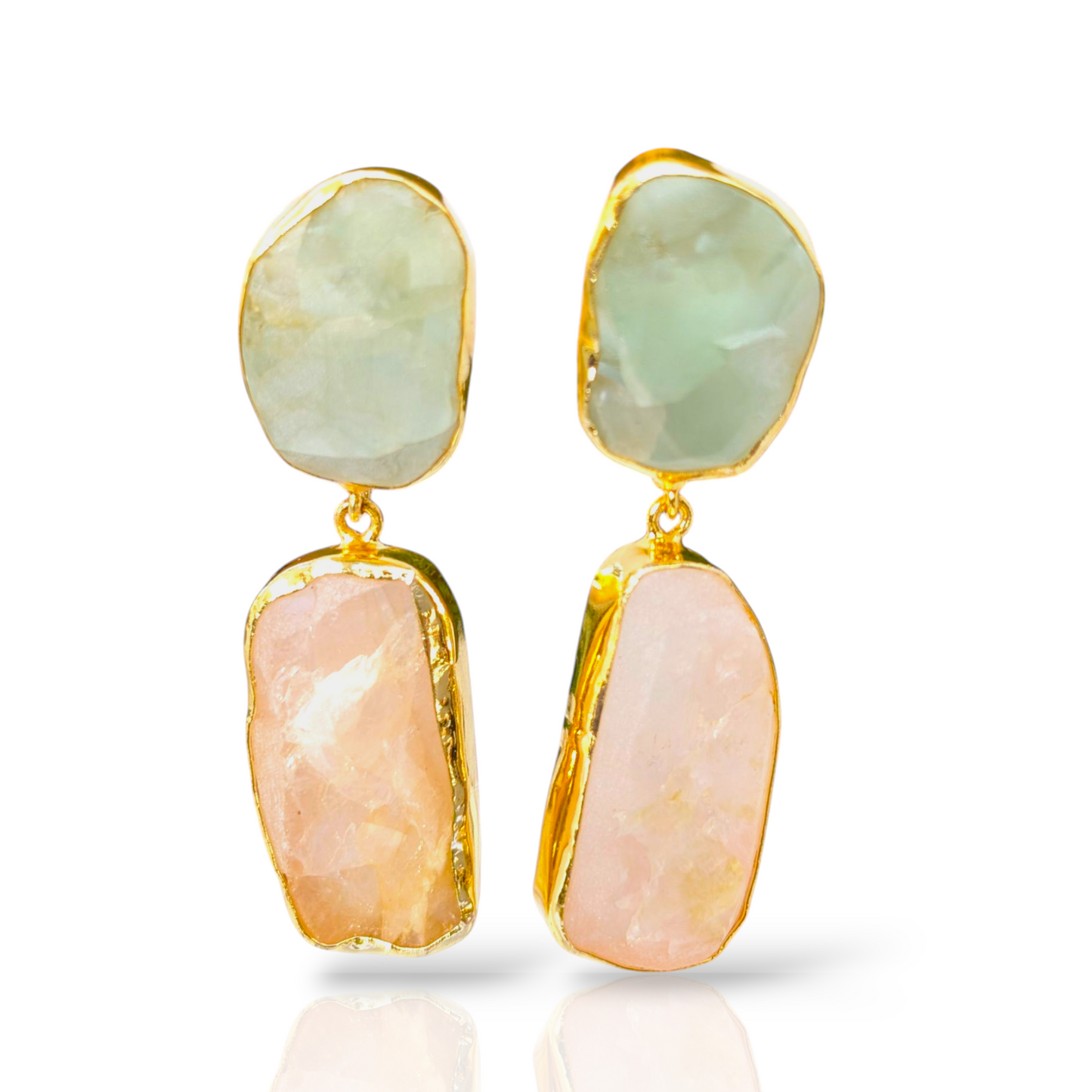 Rough Apatite and Rough Rose Quartz Stone Handmade Gold Stud Earrings