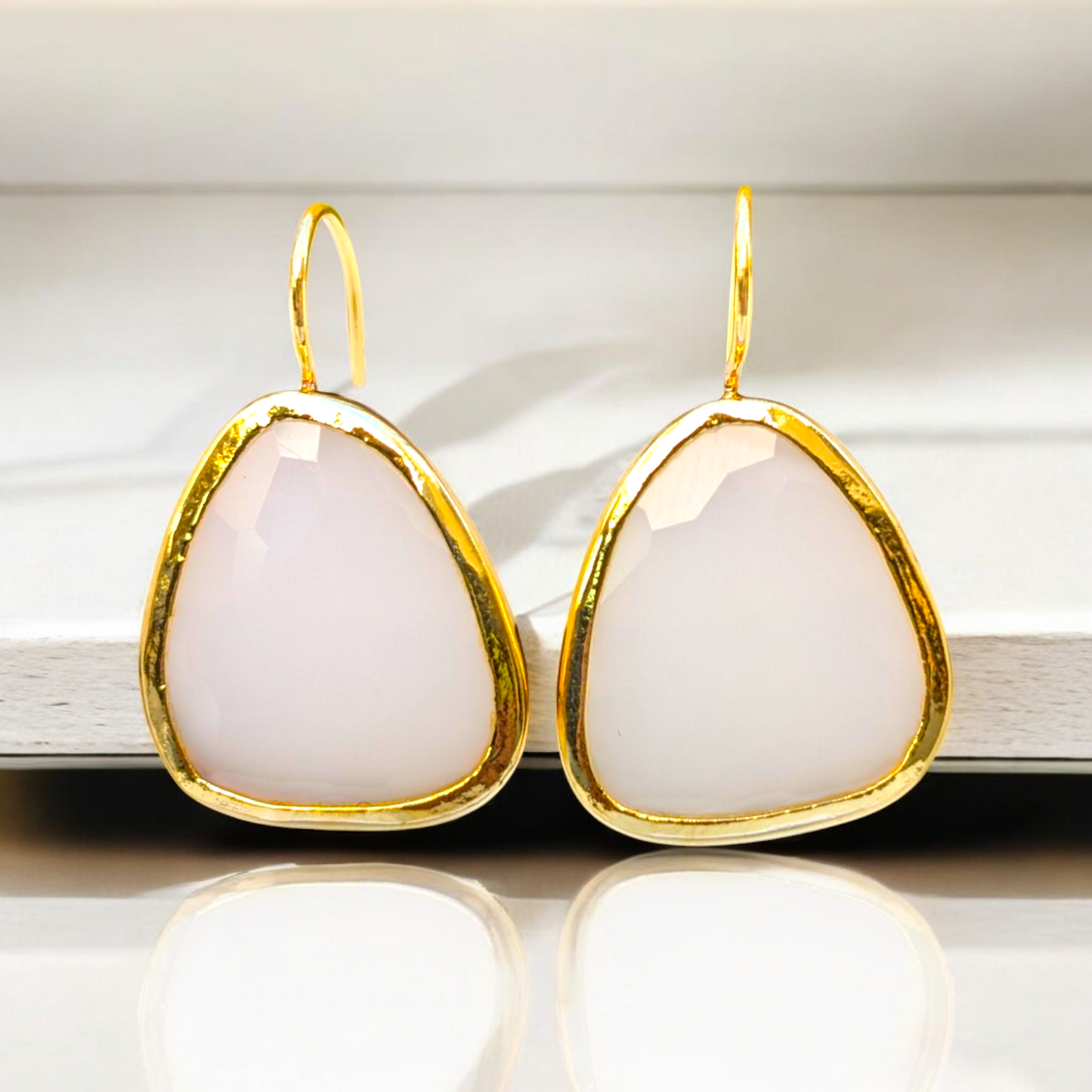 White Chalcedony Handmade Gold Earrings