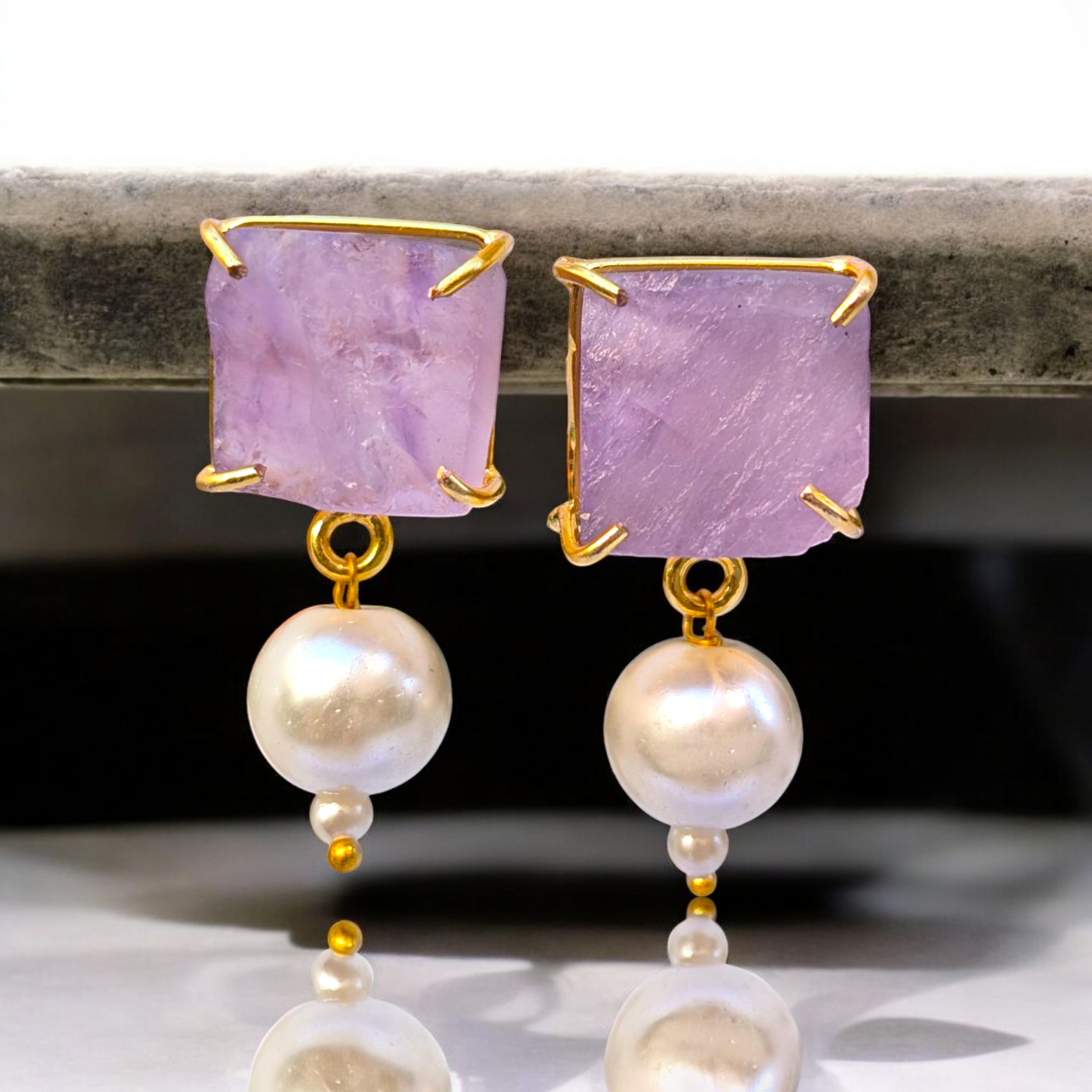 Rough Amethyst and Pearl Handmade Gold Earrings