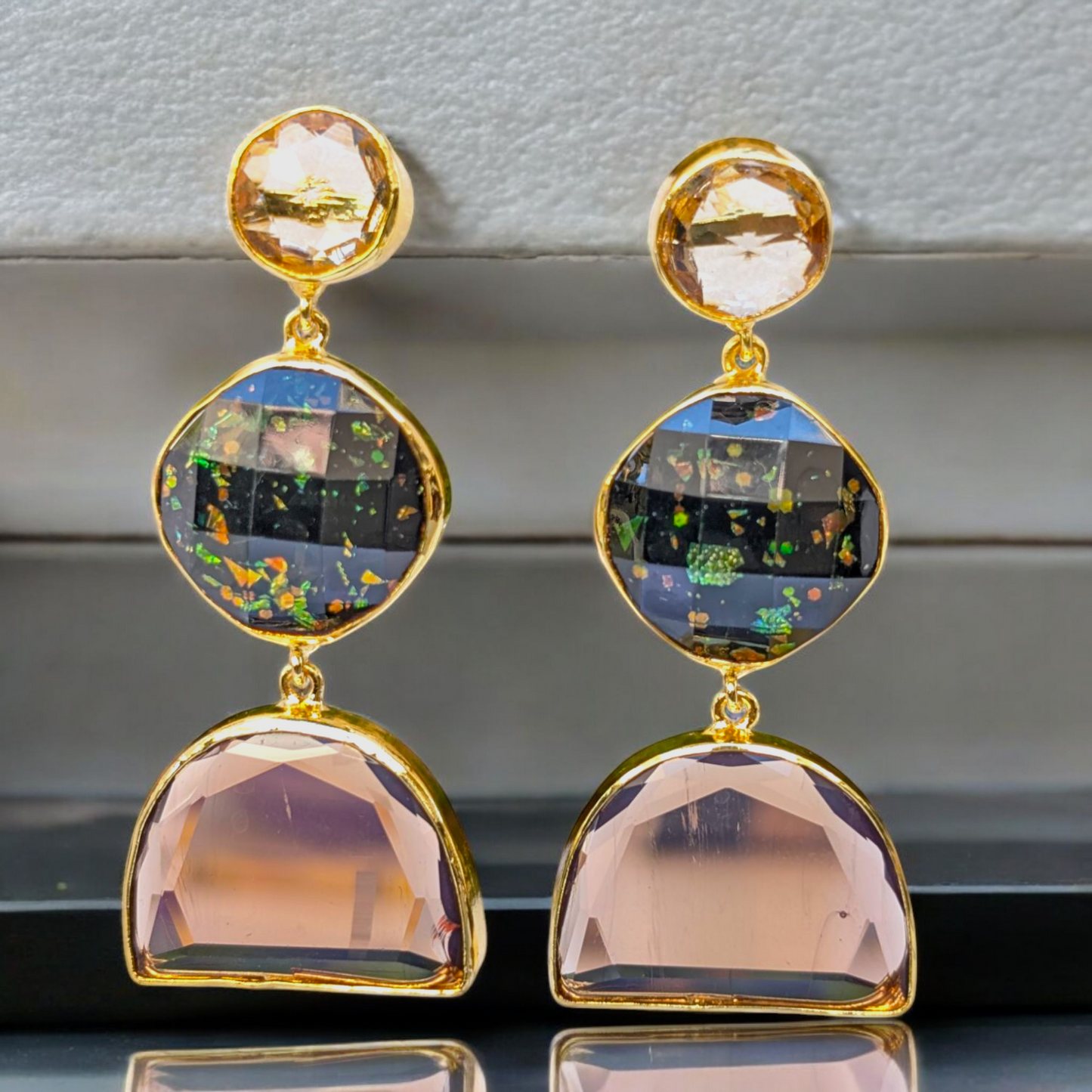 Double CZ Handmade Dangling Gold Earrings