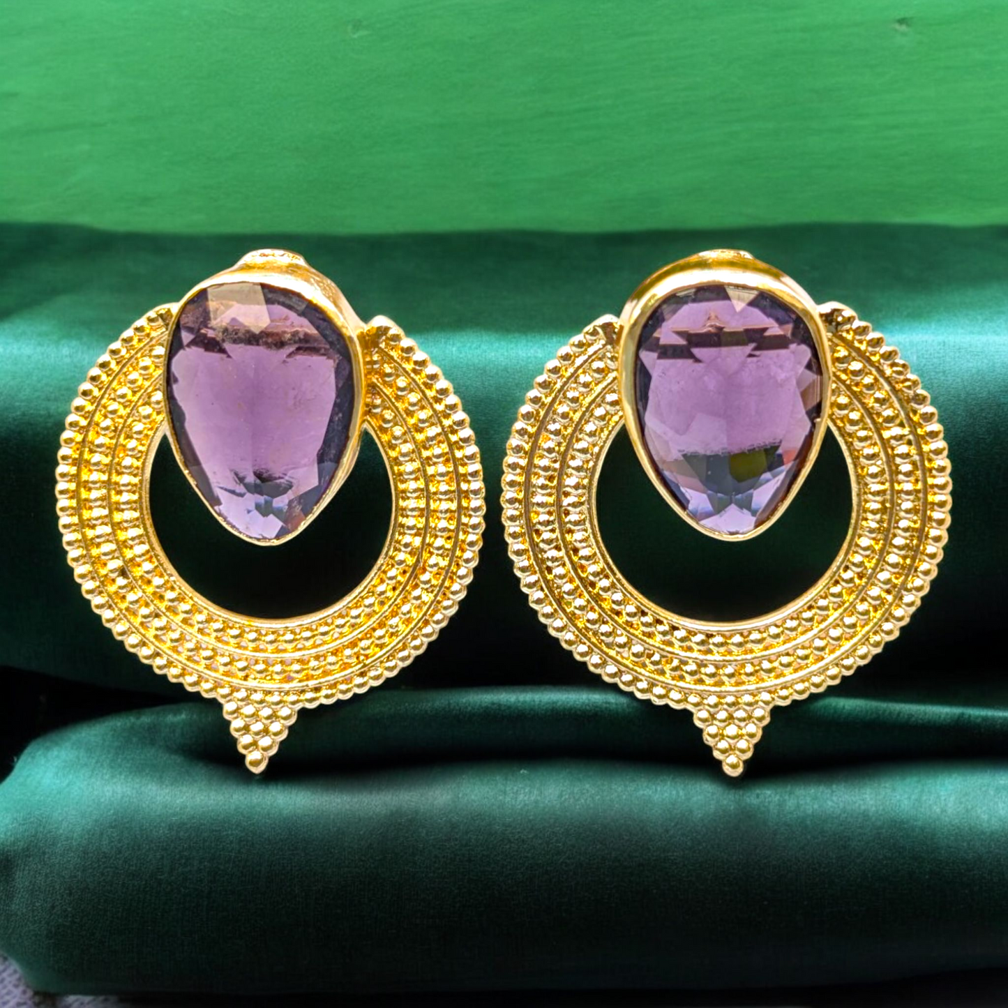 Purple CZ Handmade Gold Stud Earrings