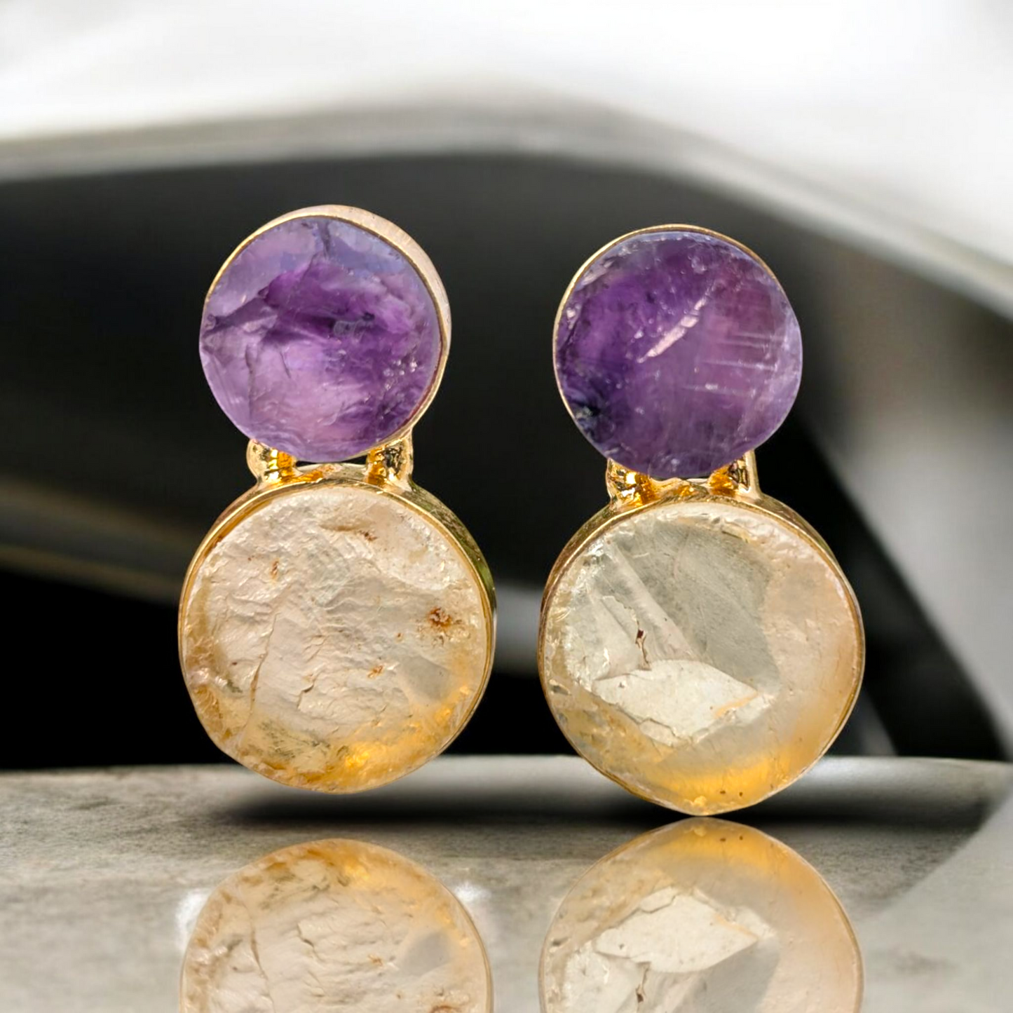 Rough Amethyst and Rough Crystal Quartz Handmade Gold Earrings