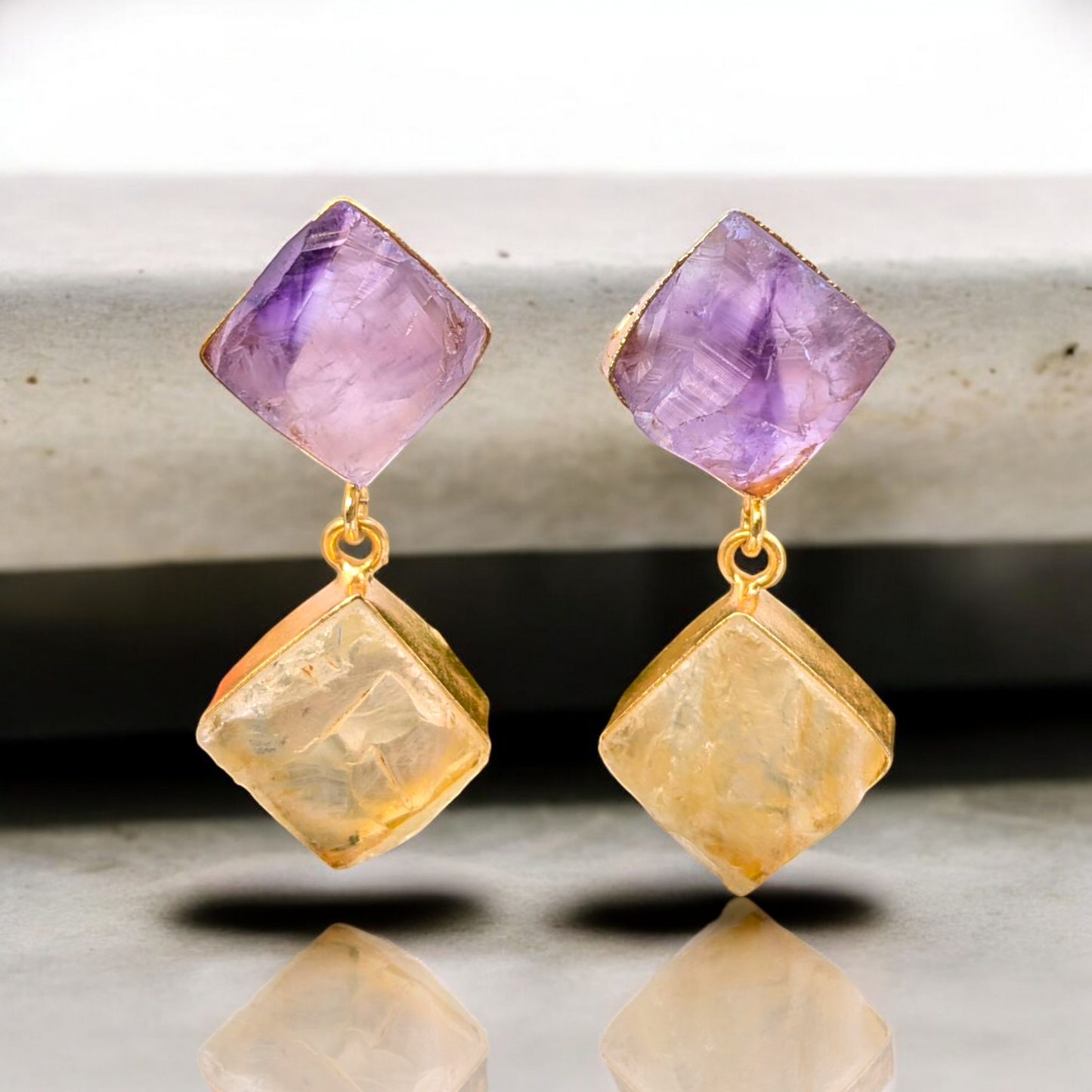 Rough Amethyst and Rough Citrine Handmade Gold Earrings