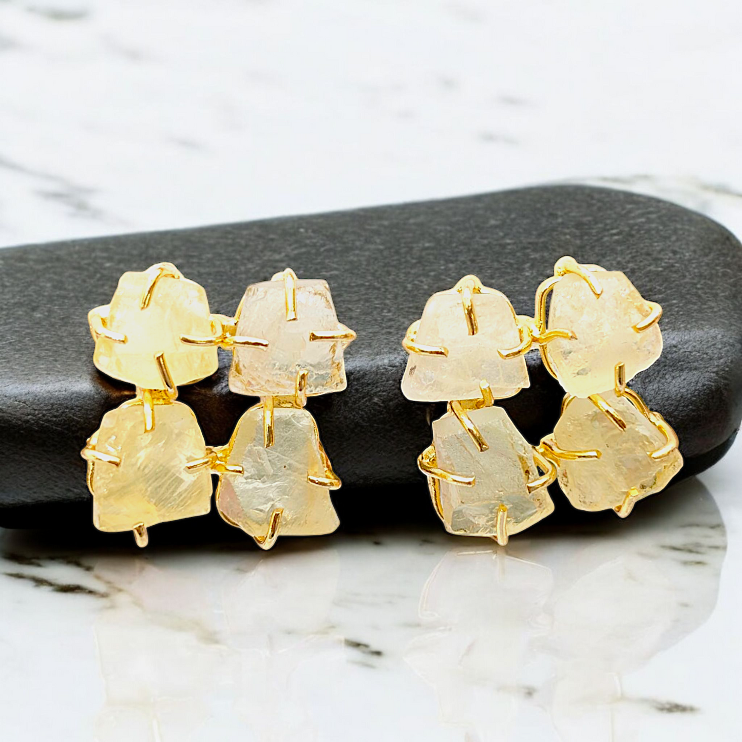 Rough Citrine Stone Handmade Gold Stud Earrings
