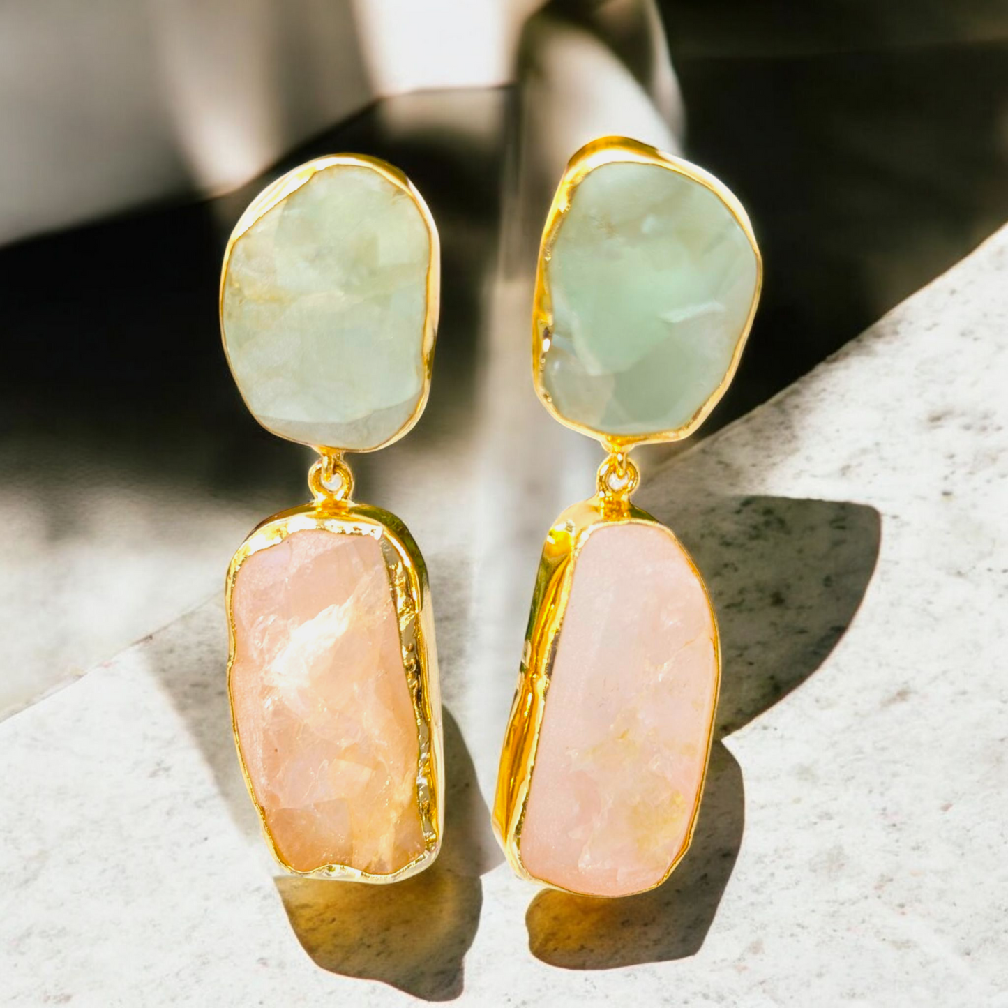Rough Apatite and Rough Rose Quartz Stone Handmade Gold Stud Earrings