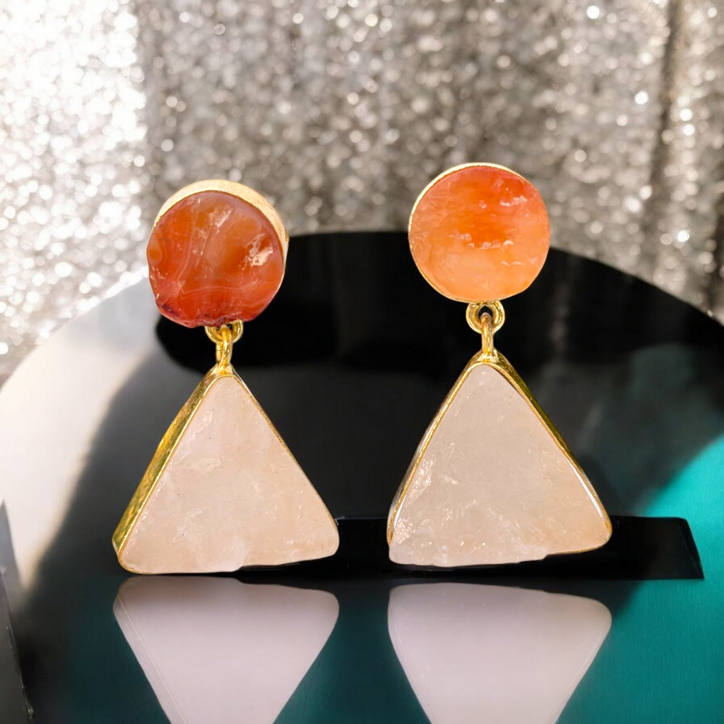Rough Rose Quartz and Carnelian Gold Earrings