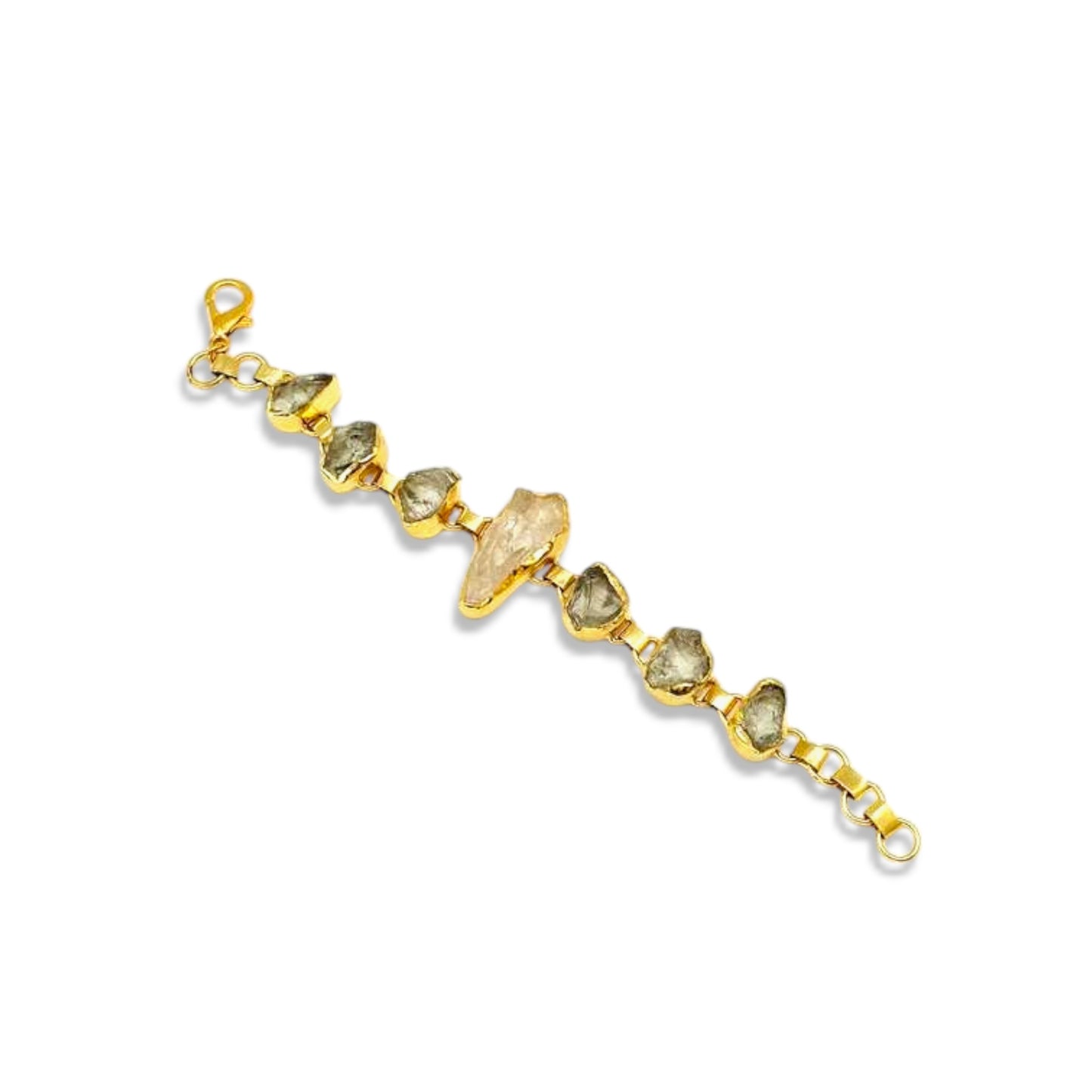 Raw green amethyst and clear quartz bracelet with gold plating on white background