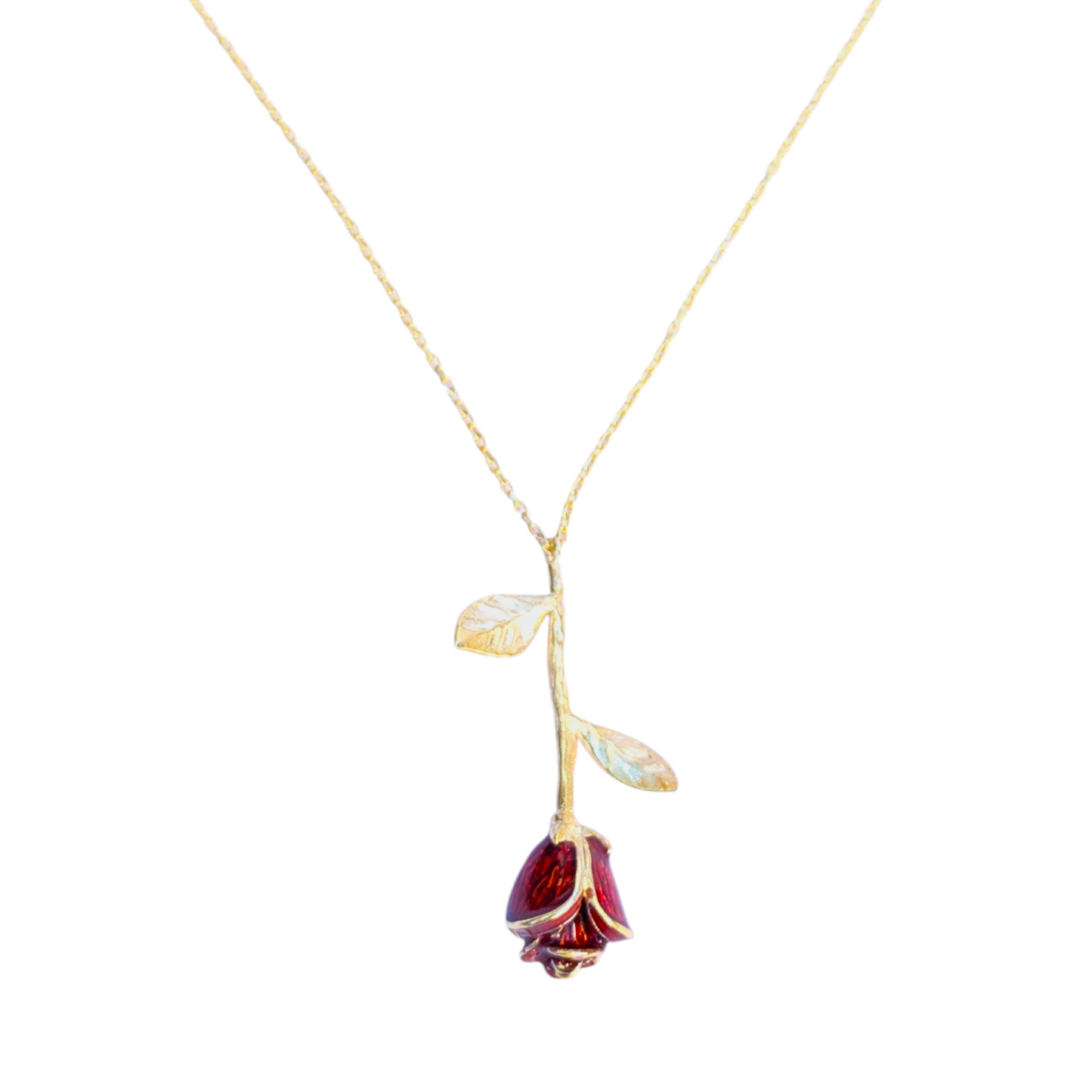 Delicate rose pendant necklace with red enamel bloom and silver chain