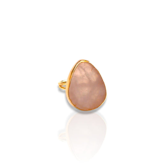 Teardrop rose quartz ring with gold bezel and double band