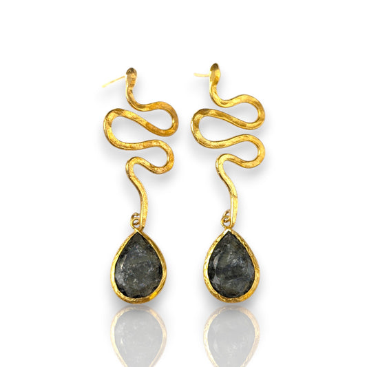 Snake-shaped teardrop earrings with labradorite stone and gold-colored bezel."