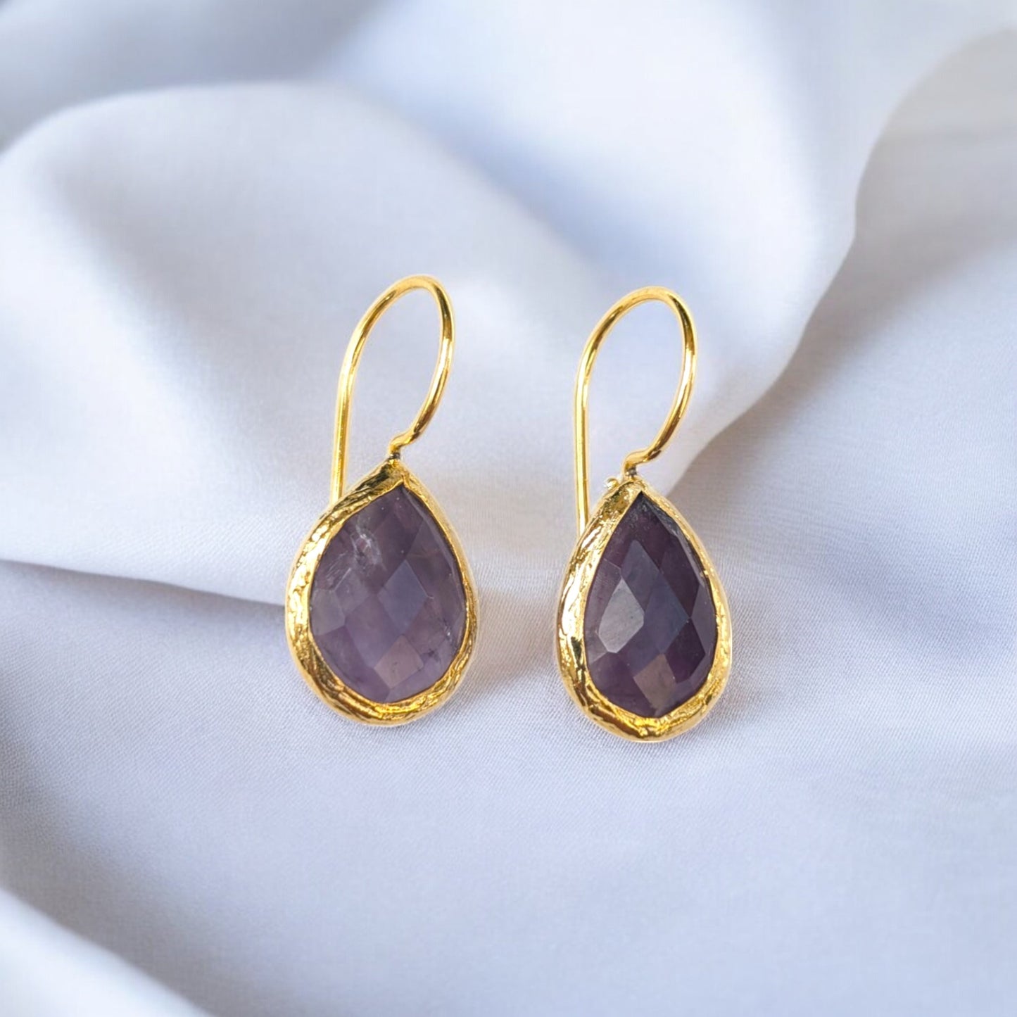 Teardrop amethyst bezel earrings with gold-plated trim