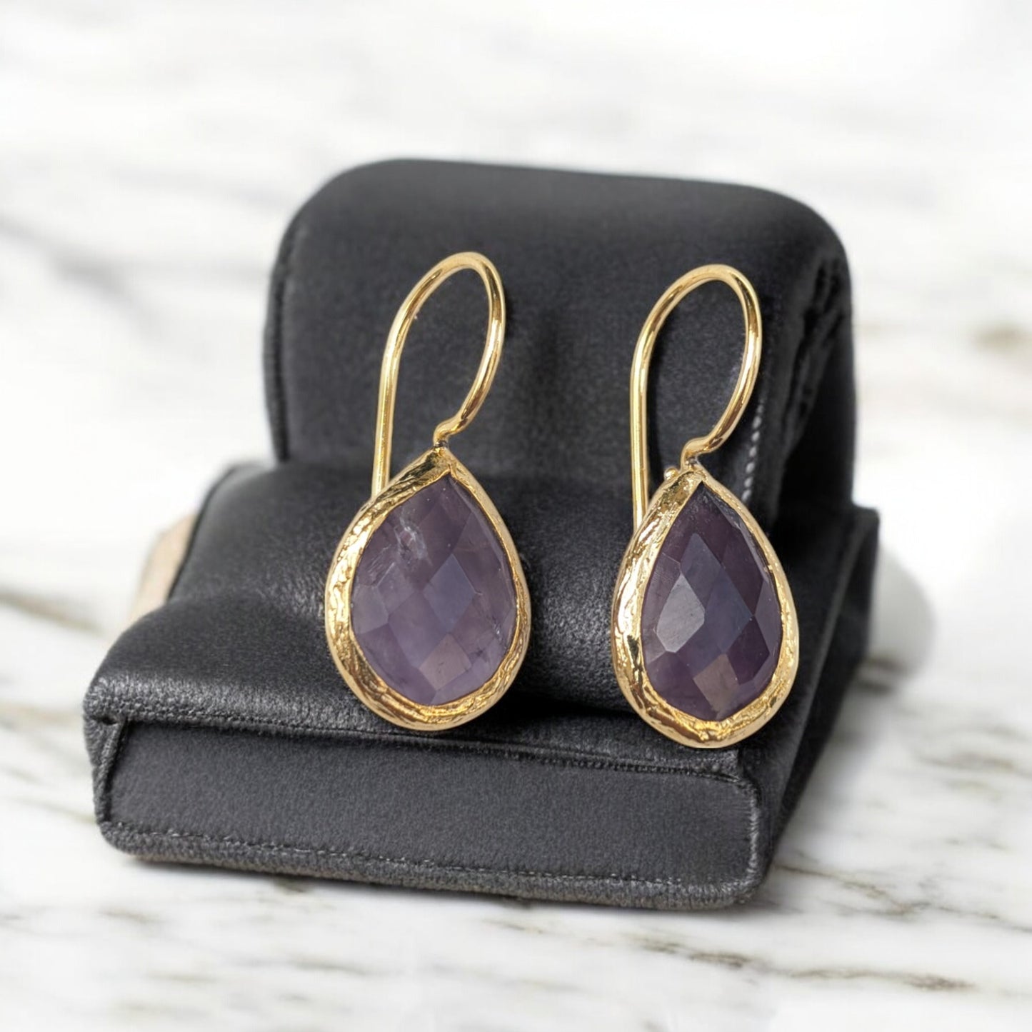 Teardrop amethyst bezel earrings with gold-plated trim