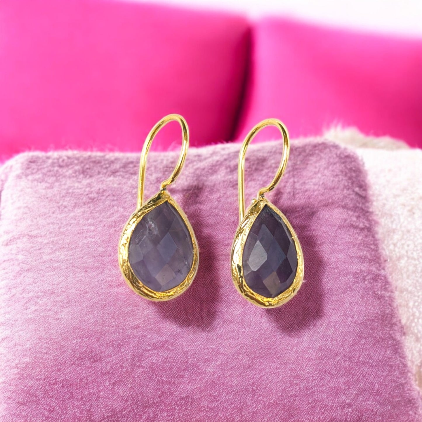 Teardrop amethyst bezel earrings with gold-plated trim