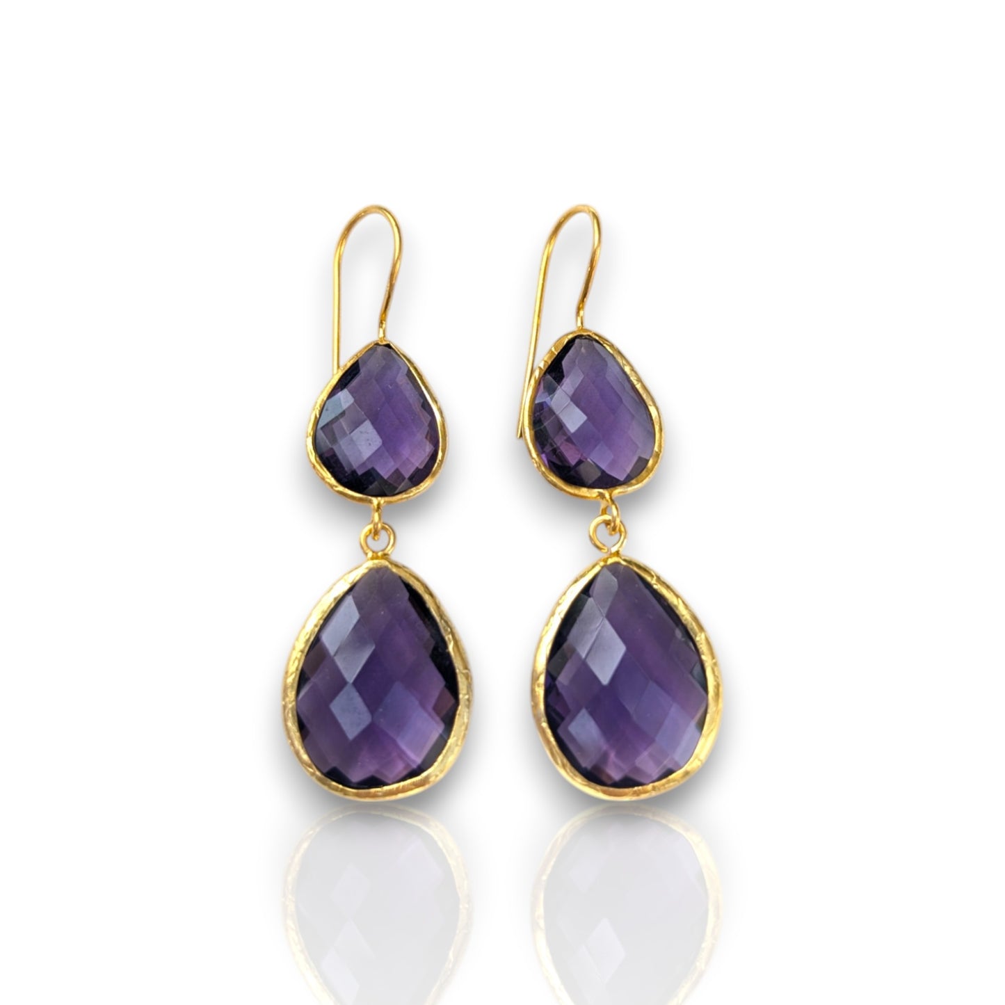 Double teardrop amethyst earrings with gold-plated trim