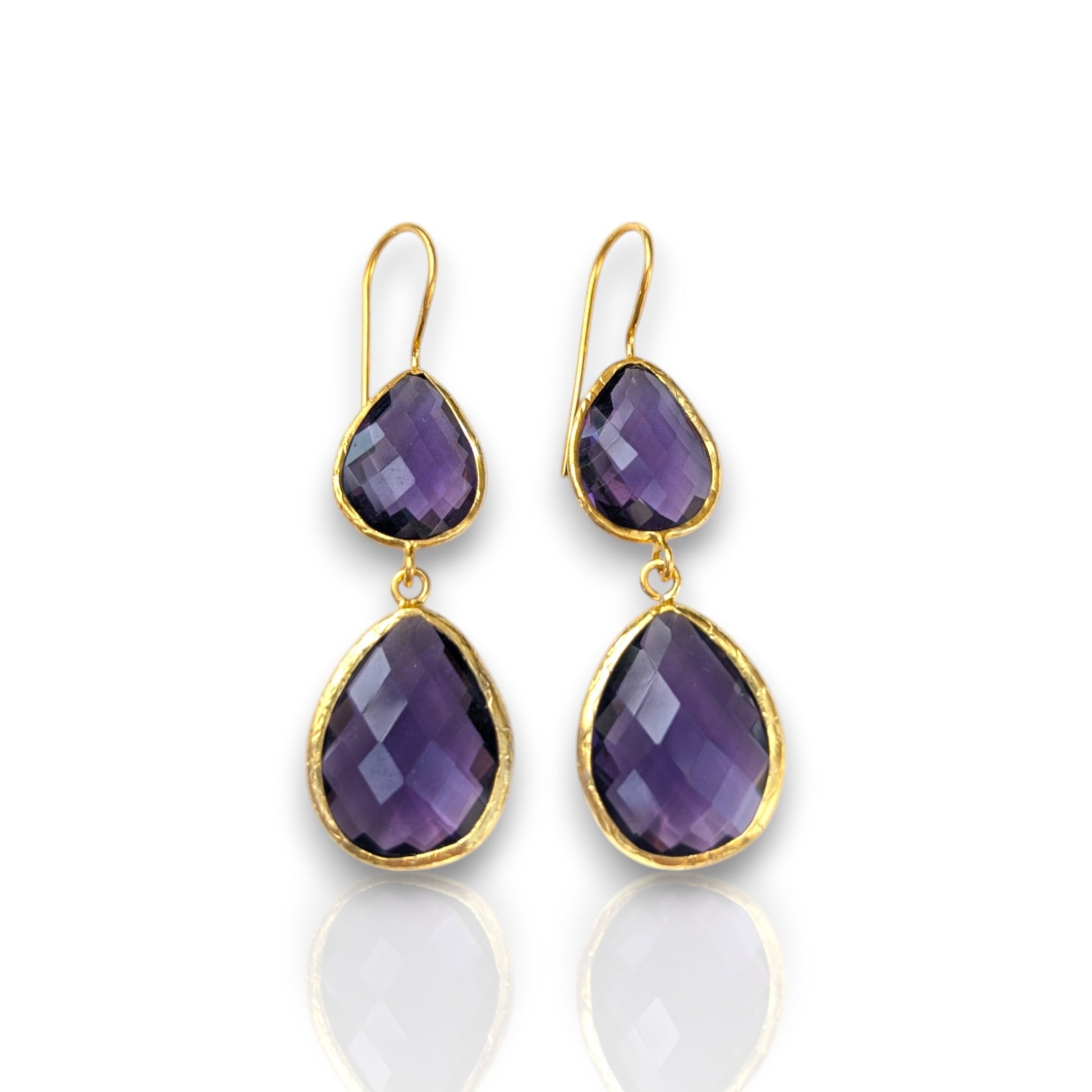 Double teardrop amethyst earrings with gold-plated trim
