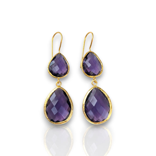 Double teardrop amethyst earrings with gold-plated trim