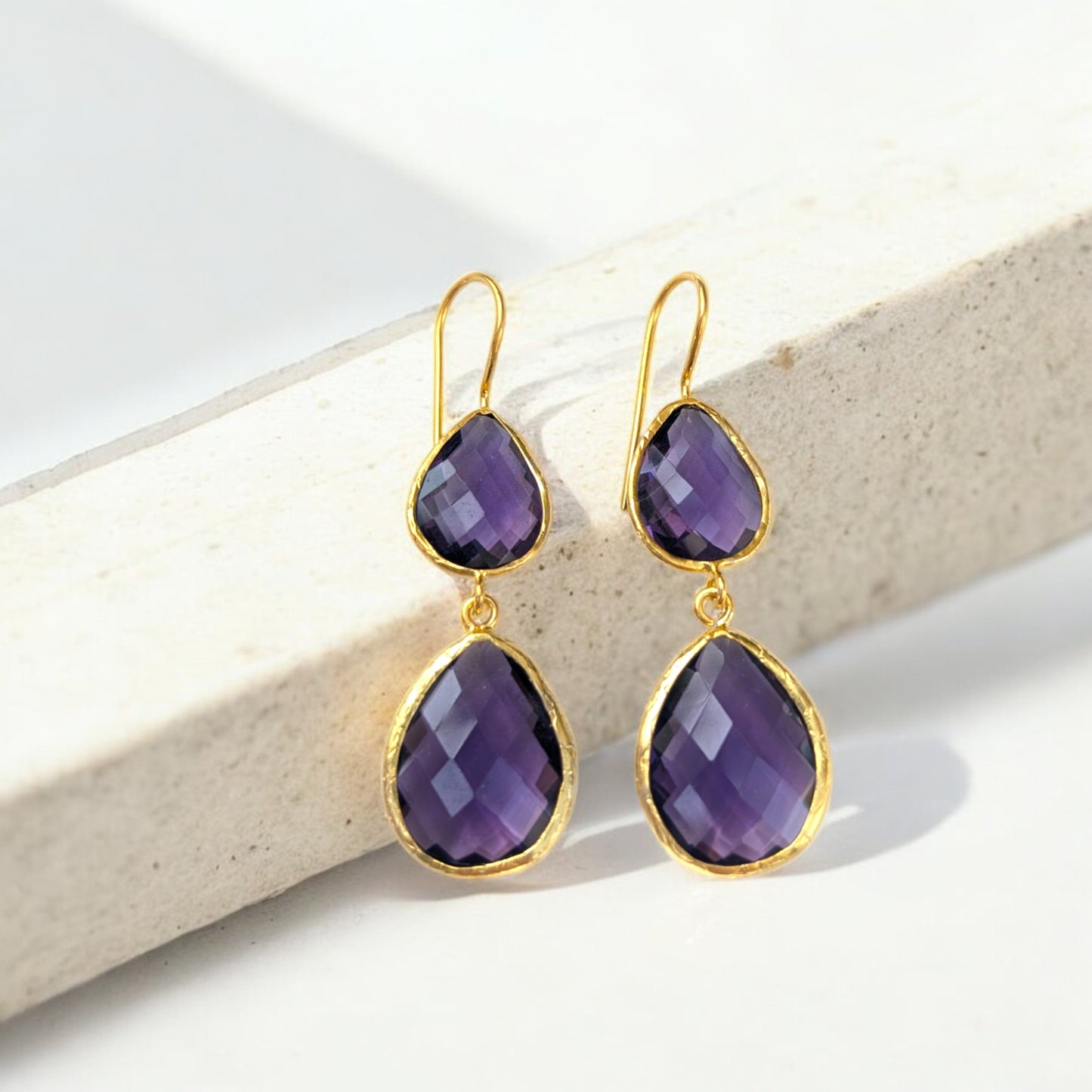 Double teardrop amethyst earrings with gold-plated trim