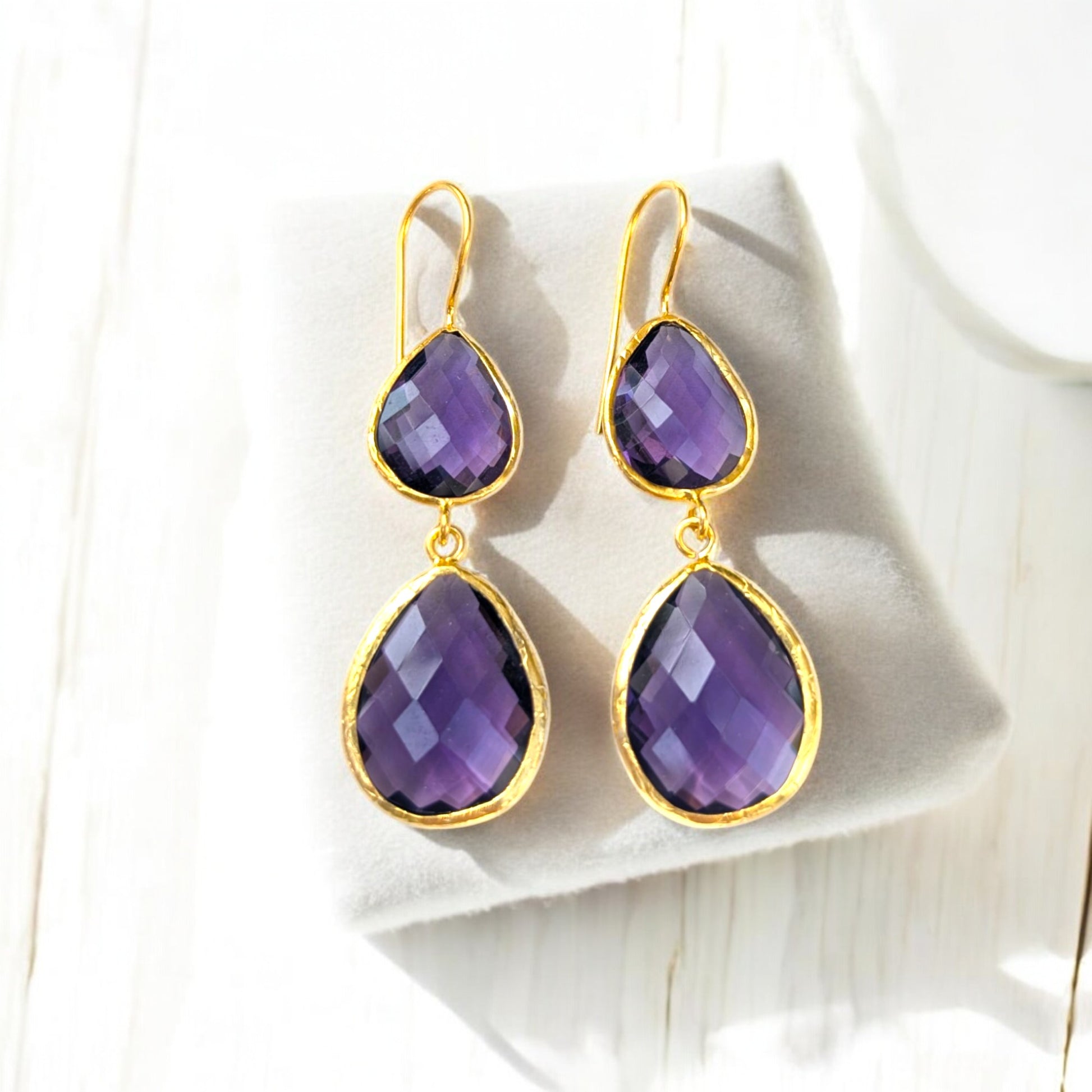 Double teardrop amethyst earrings with gold-plated trim