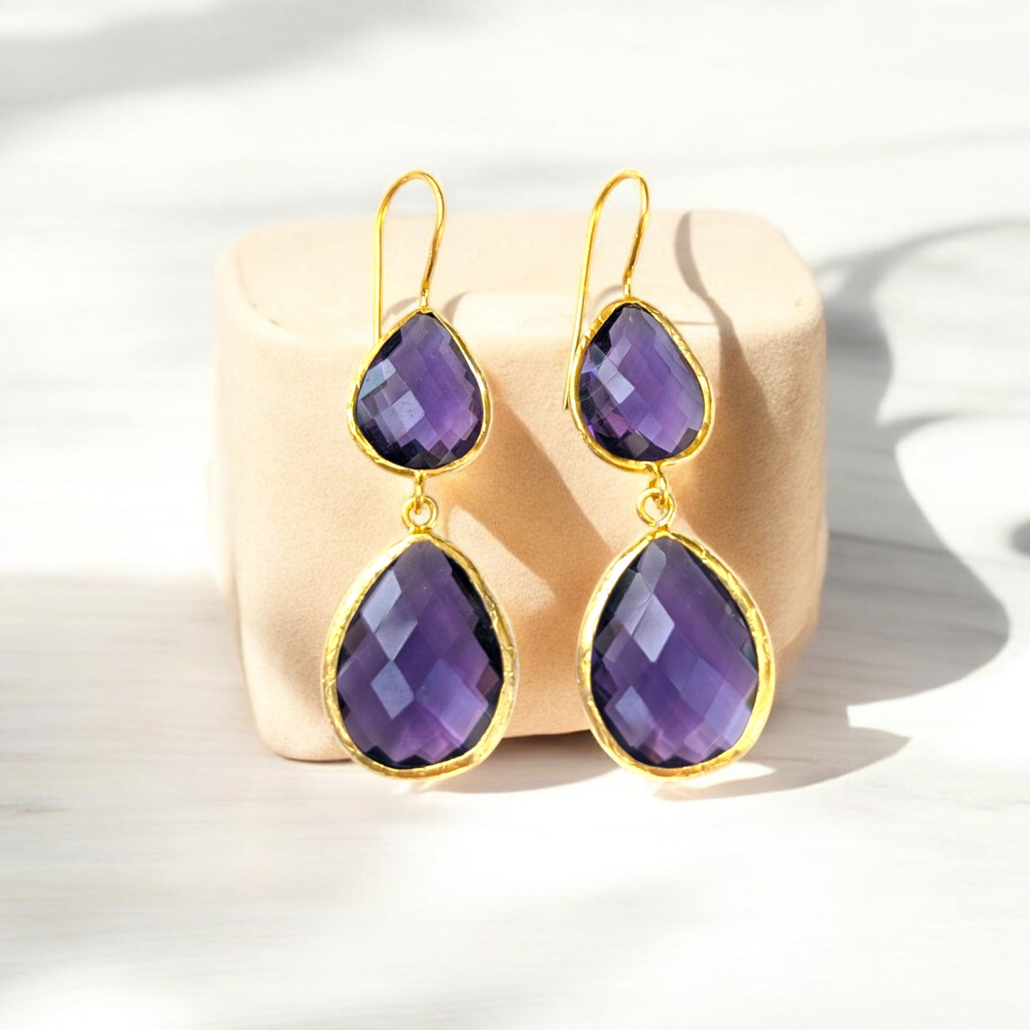 Double teardrop amethyst earrings with gold-plated trim