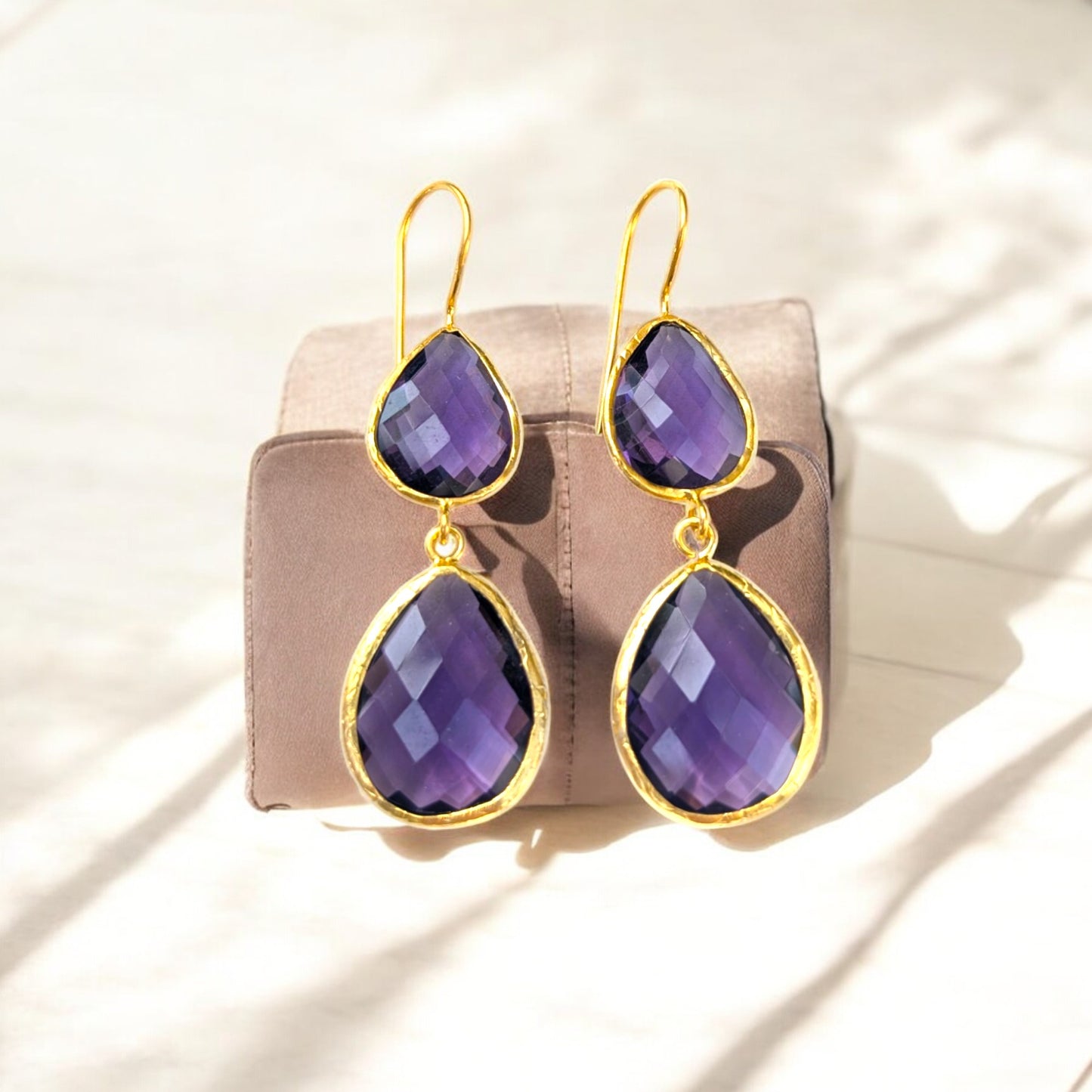 Double teardrop amethyst earrings with gold-plated trim