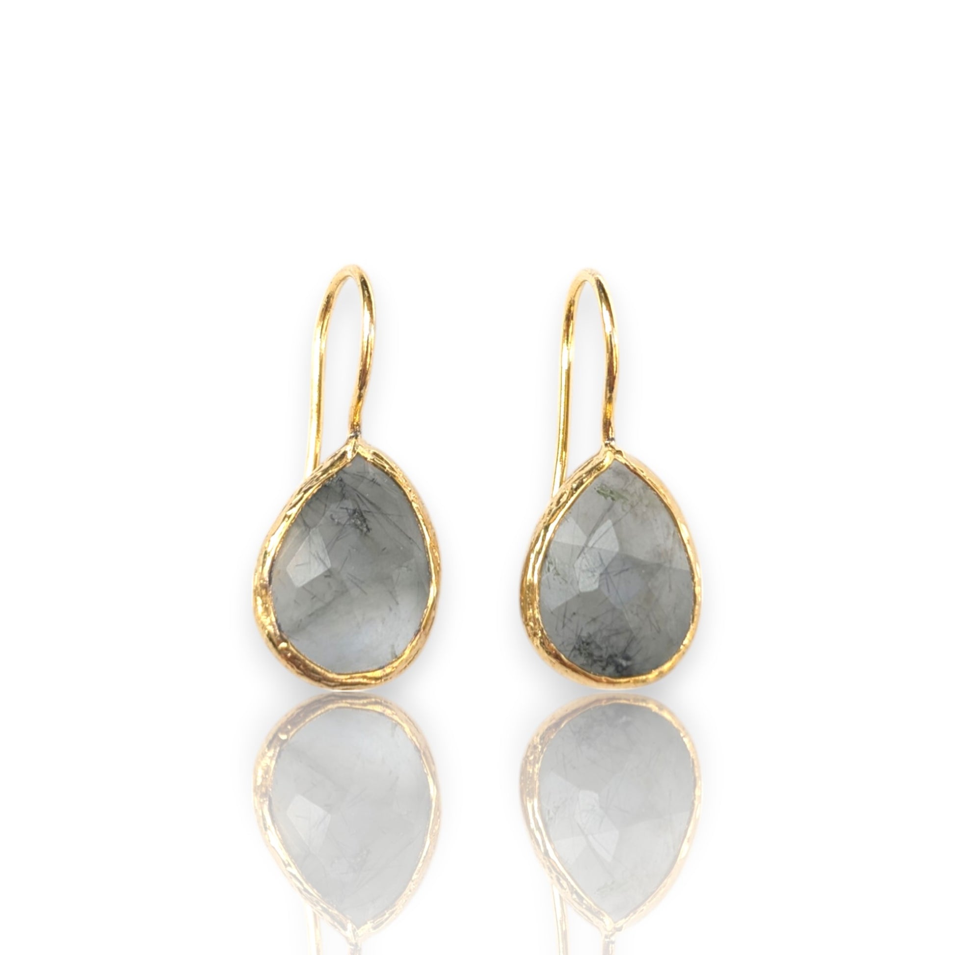 Handmade teardrop Rutilated quartz earrings with gold bezel trim.