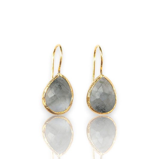 Handmade teardrop Rutilated quartz earrings with gold bezel trim.