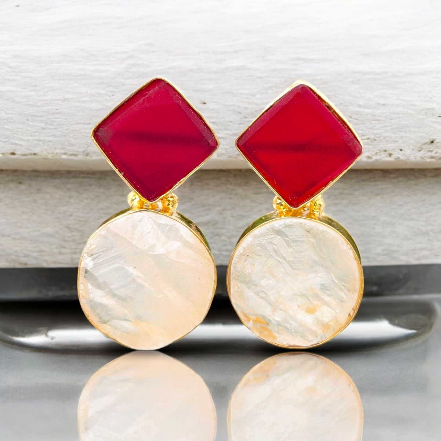 Round and diamond-shaped gold-plated stud earrings with multicolor enamel accents