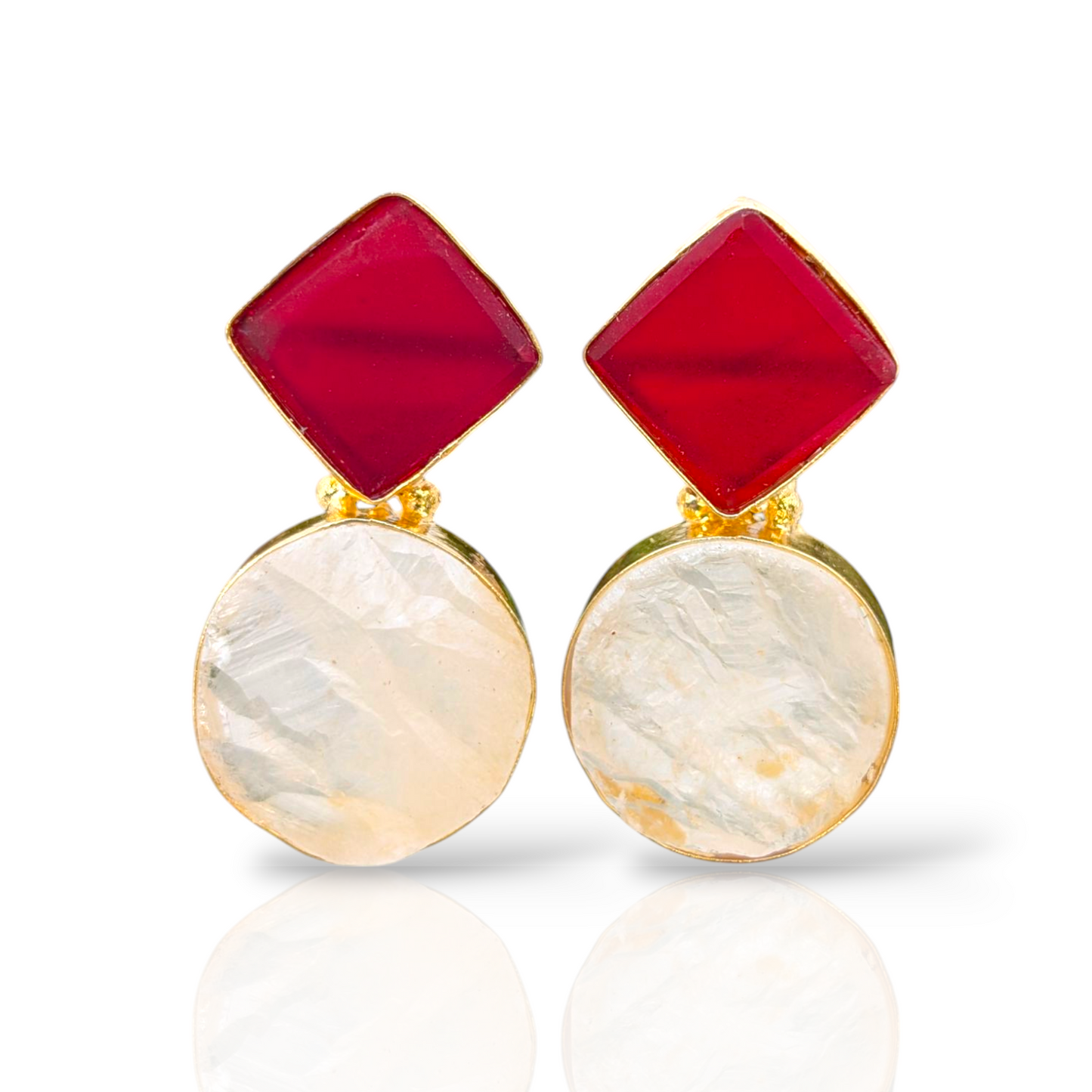 Round and diamond-shaped gold-plated stud earrings with multicolor enamel accents