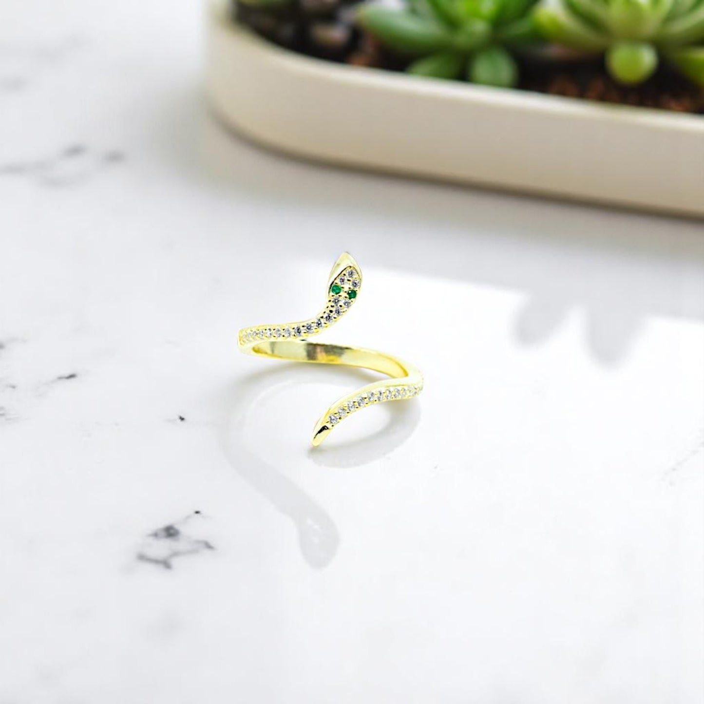 Gold Snake Ring With Emerald Eyes