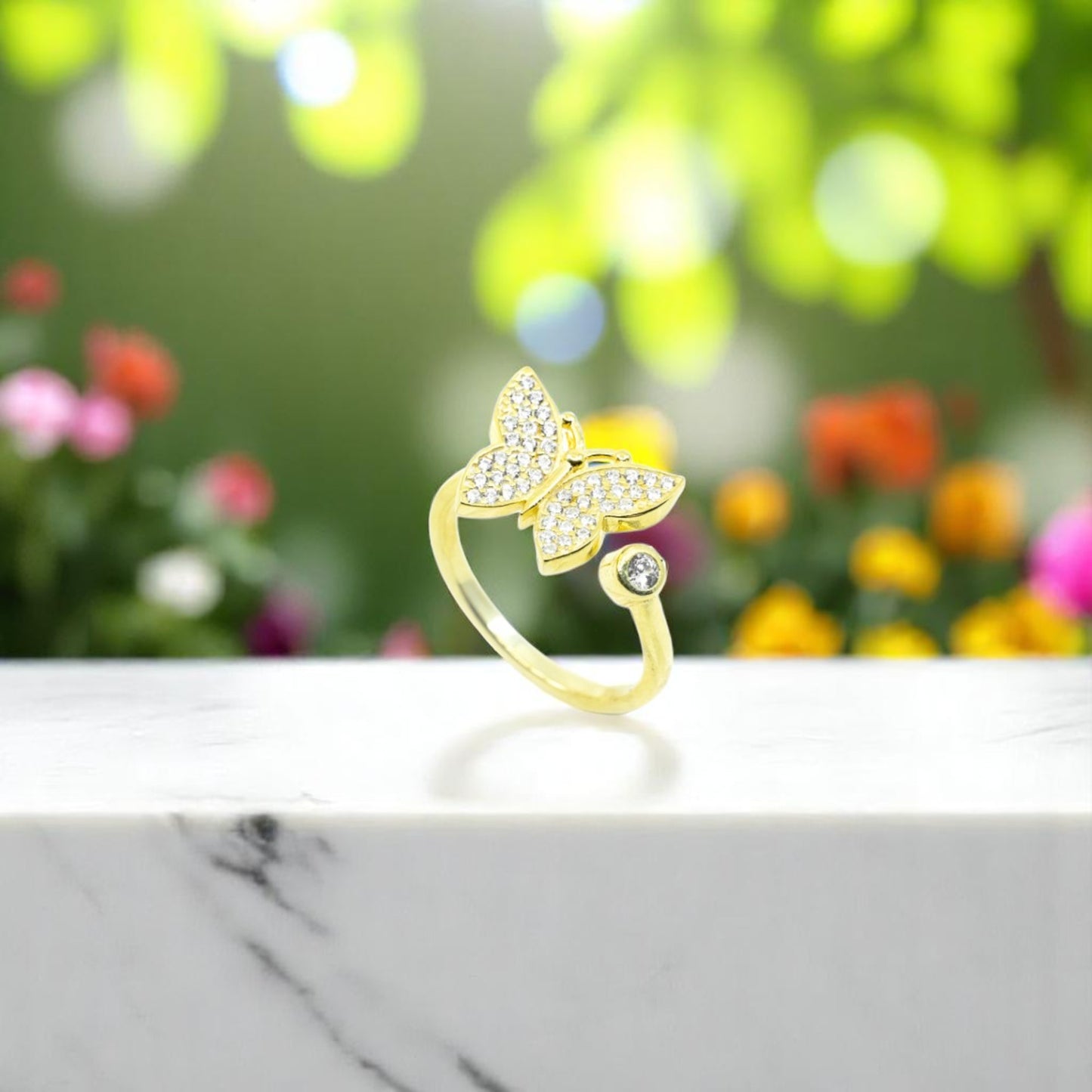 Gold Butterfly Ring With CZ Stones