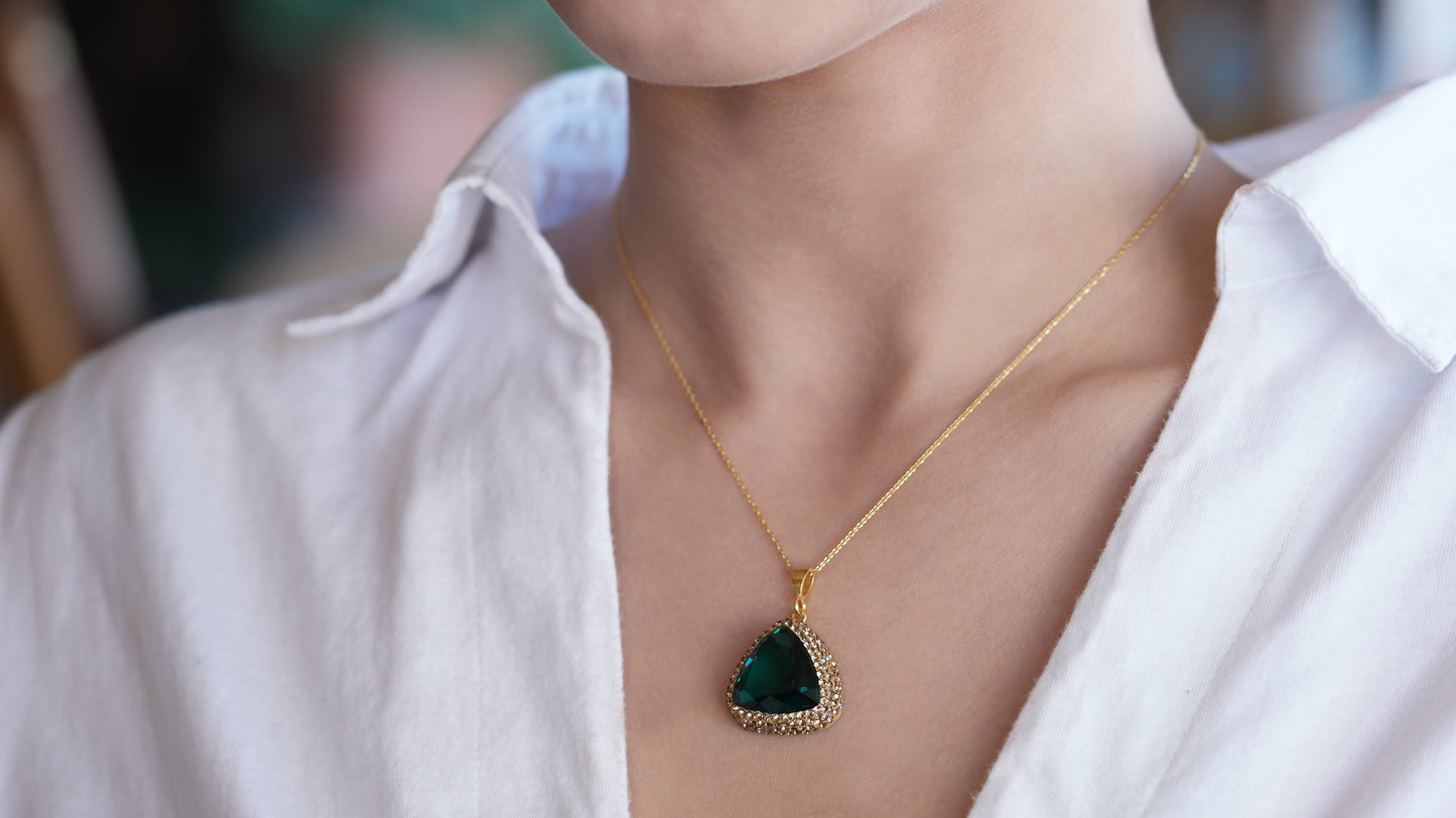 Triangle Pendant Necklace Navy Blue Stone