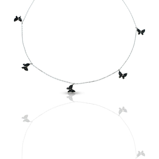 Five Black Butterfly Necklace with Silver Chain