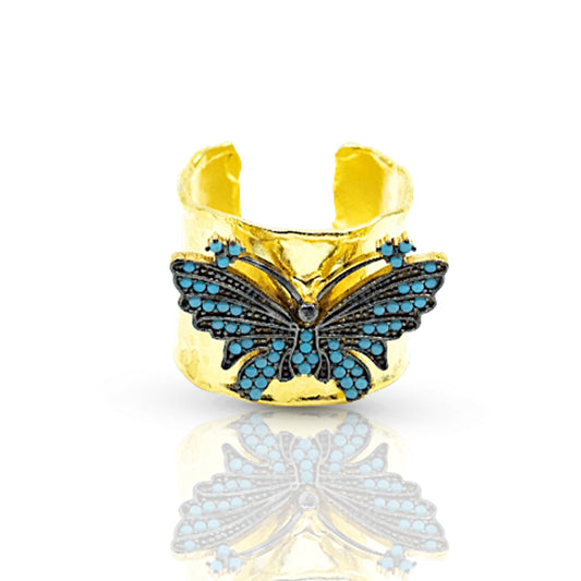 Wide Band Butterfly Ring With Blue CZ Diamonds