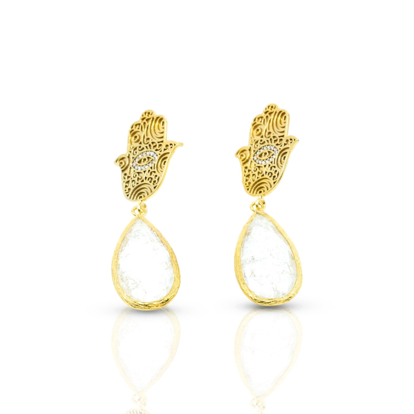 Hamza Earring with White Teardrop Stone in gold