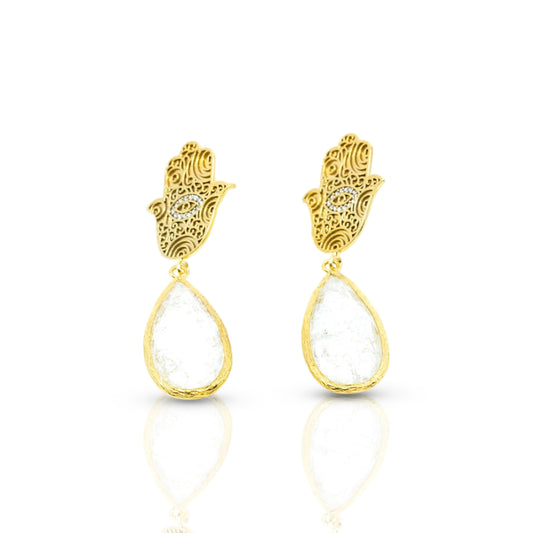 Hamza Earring with White Teardrop Stone in gold
